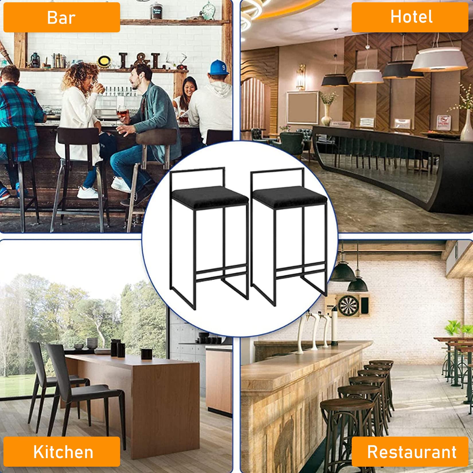DASHADAO Velvet Padded Bar Stools with Back - 2 Pack Black Kitchen Counter Stools, 220lbs Weight Capacity - Perfect for Breakfast Bars, Kitchen Islands, Home Pubs & Cafe Dining