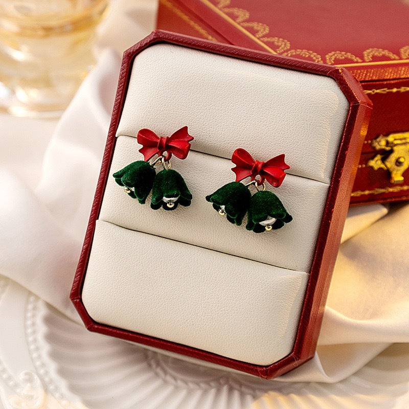 Velvet Jingle Bell Cute Bow Christmas Drop Earrings for Women - Festive Holiday Party Jewelry Gift (LM1778) | Perfect for Christmas Parties, Office Celebrations & New Year's Eve Events