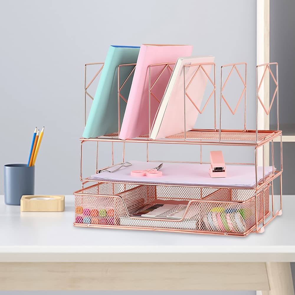 Youbetia Rose Gold Desk Organizer with File Sorters & Drawer - Office Desk Accessories Set for Workspace Organization | Perfect for Home Office, Study & Workspace Efficiency