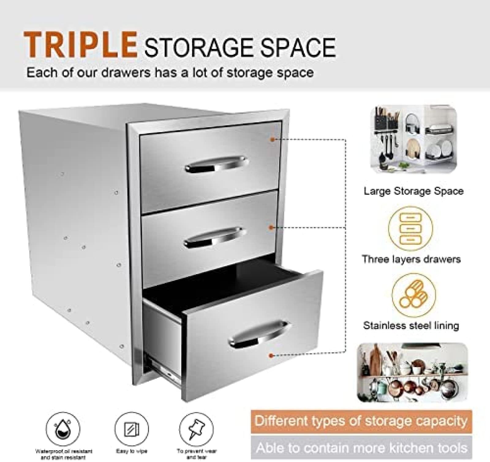 Stainless Steel Outdoor Kitchen Drawers - Flush Mount BBQ Island Drawers with Embedded Handle for Patio Grill Station (18
