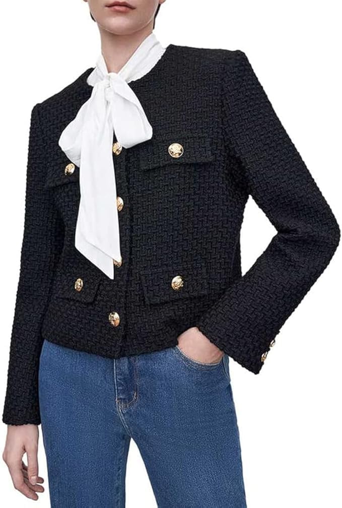 Women's Cropped Tweed Blazer Jacket - 2025 Fall Winter Business Casual Long Sleeve Coat for Work, Office & Date Night Outfits | Professional & Stylish Women's Suit Jacket