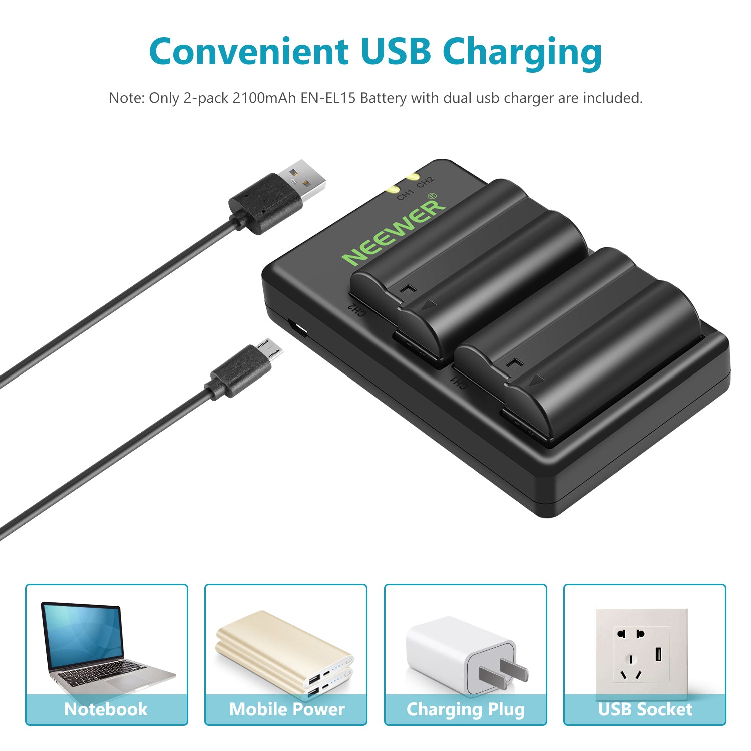 NEEWER 2-Pack EN-EL15 Battery Charger Set for Nikon DSLR Cameras - Fast Charging with LED Indicator for D850 D750 D810 D800 D610 D600 D500 D7200 D7100 D7000 (Perfect for Travel & Professional Photography)