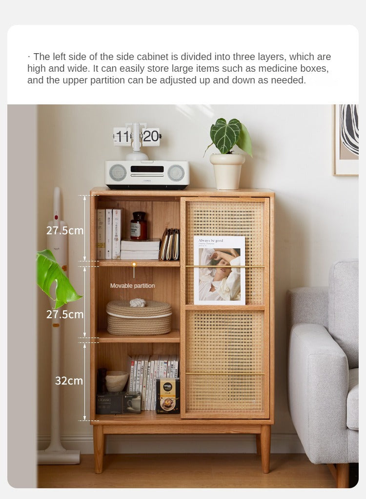 Solid Oak Wood Sliding Door Storage Cabinet with LED Lights - Modern Sideboard for Living Room, Bedroom & Entryway Organization
