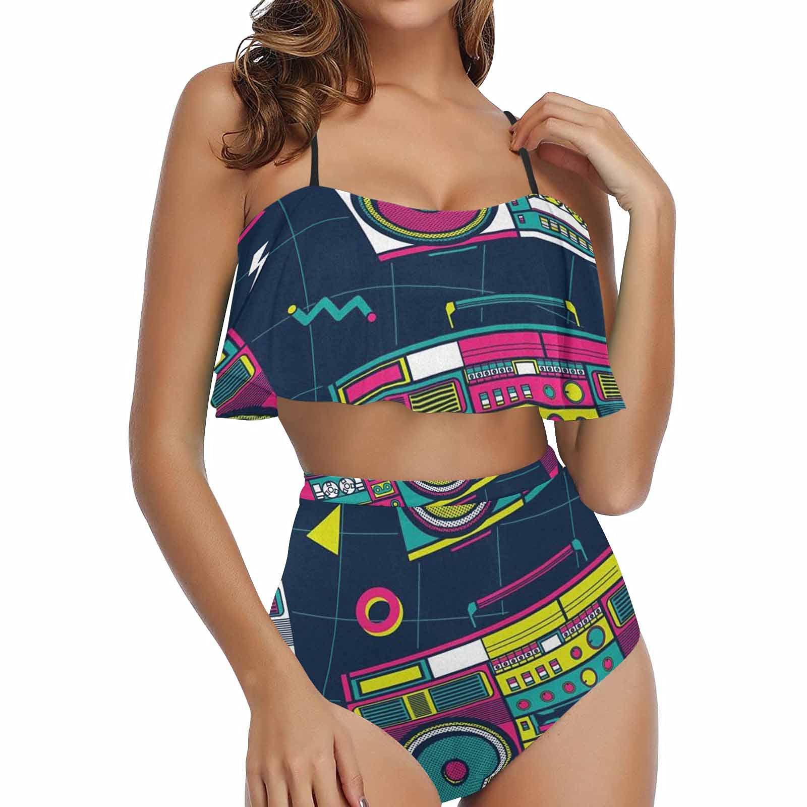 Retro Boombox Radio Print Women's High Waisted Bikini Set - Vintage Two Piece Swimwear with Flounce Design for Beach, Pool Party & Summer Vacation