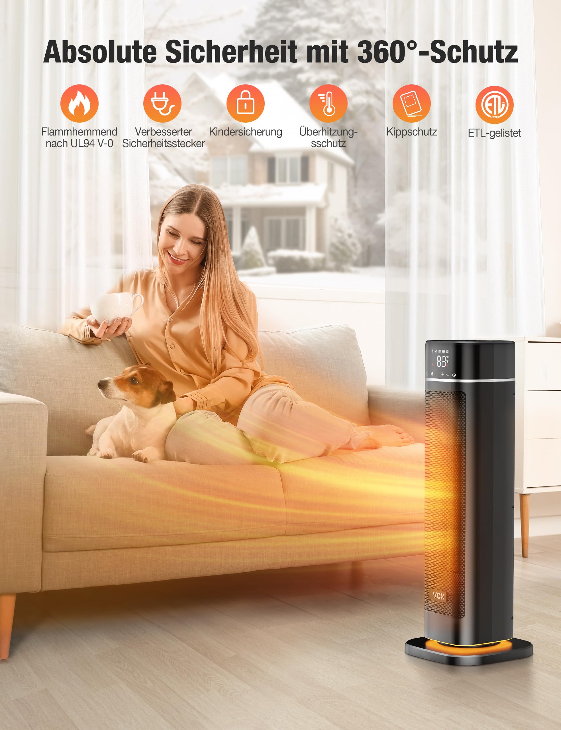Energy Efficient 60cm Ceramic Fan Heater with Remote Control - 12 ft/s Fast Heating, 80° Oscillation, 4 Modes & 12-Hour Timer - Quiet Space Heater with Night Light, Overheat & Tilt Protection - Perfect for Bedrooms, Offices & Small Spaces