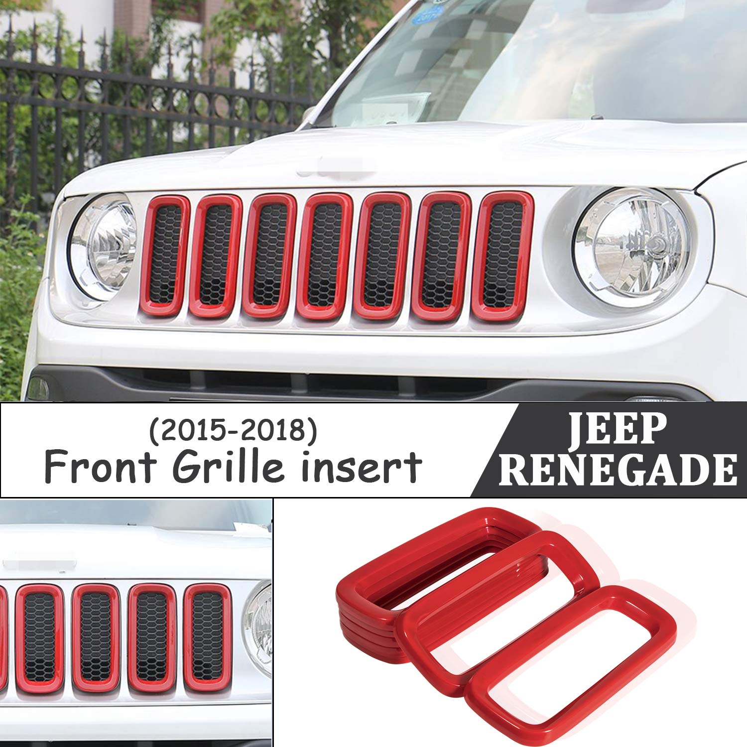 ABS Front Grill Mesh Inserts - 7PC Red Grill Guard Cover Trim for Jeep Renegade (2015-2018) | Off-Road Protection & Custom Styling Upgrade