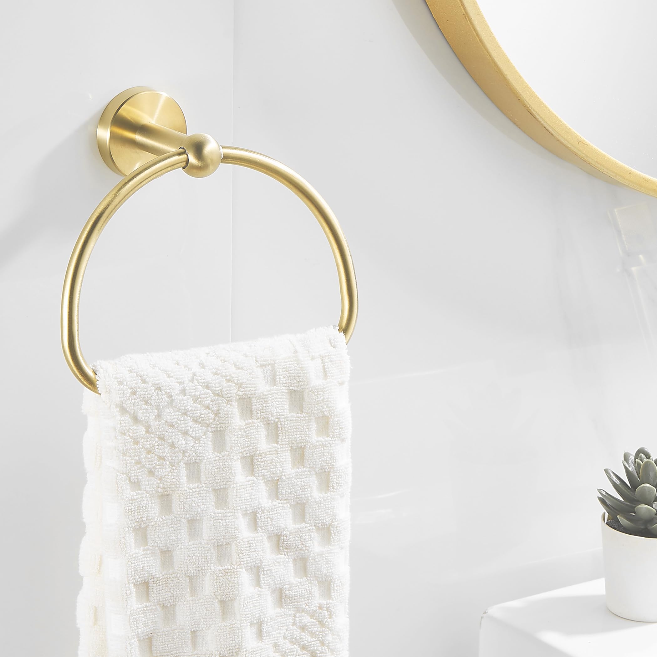 Brushed Gold Hand Towel Holder - Modern Half Round Wall Mounted Bathroom Towel Ring for Bath & Kitchen - Perfect for Guest Bathrooms, Powder Rooms & Spa Style Decor
