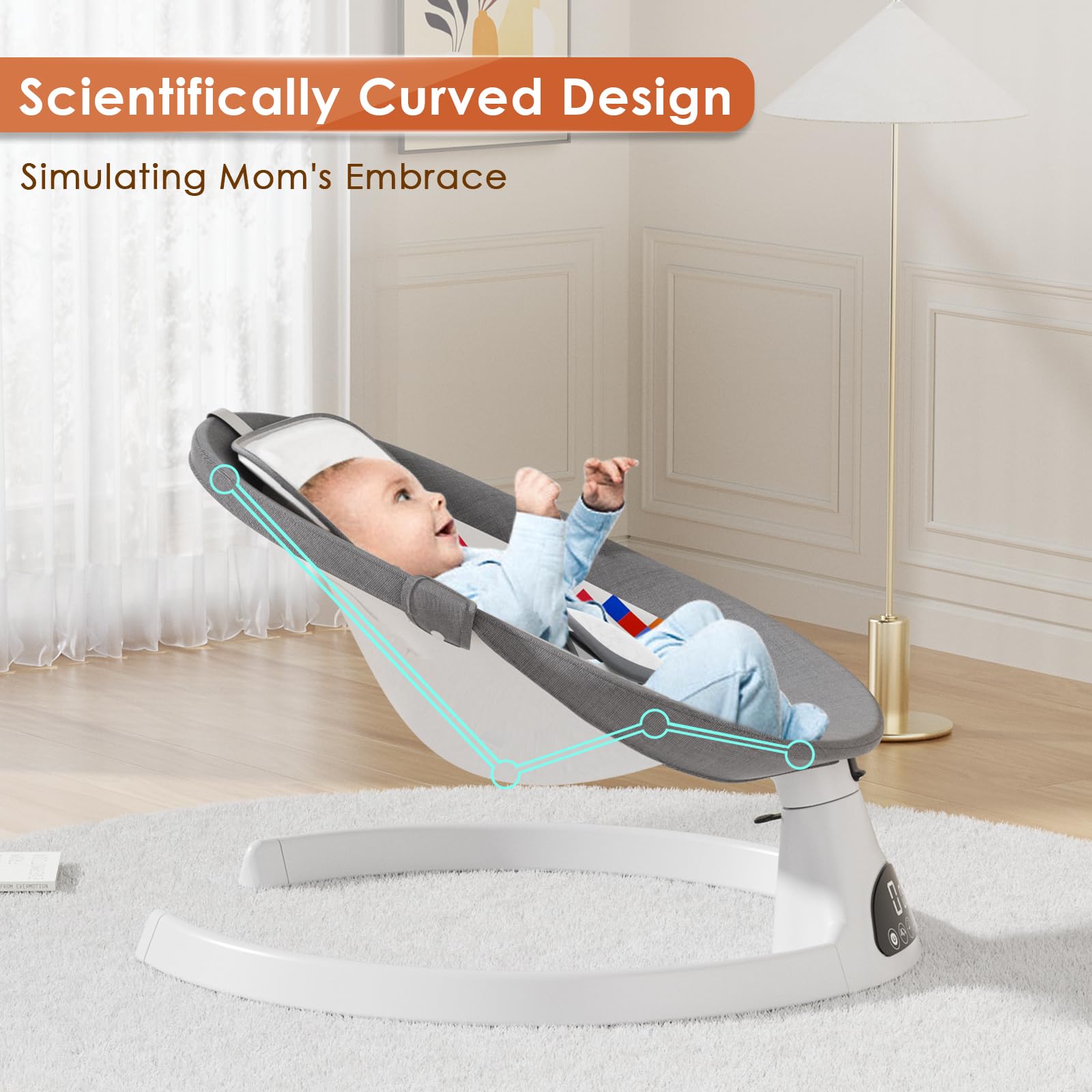 Baby Swing with 5 Speed Settings & 12 Soothing Lullabies - Bluetooth Portable Infant Rocker with Soft Fabric, 3 Timer Modes & Remote Control - Perfect for Newborns 5-20 lbs (Gray) - Ideal for Nursery, Bedtime & Soothing Fussy Babies
