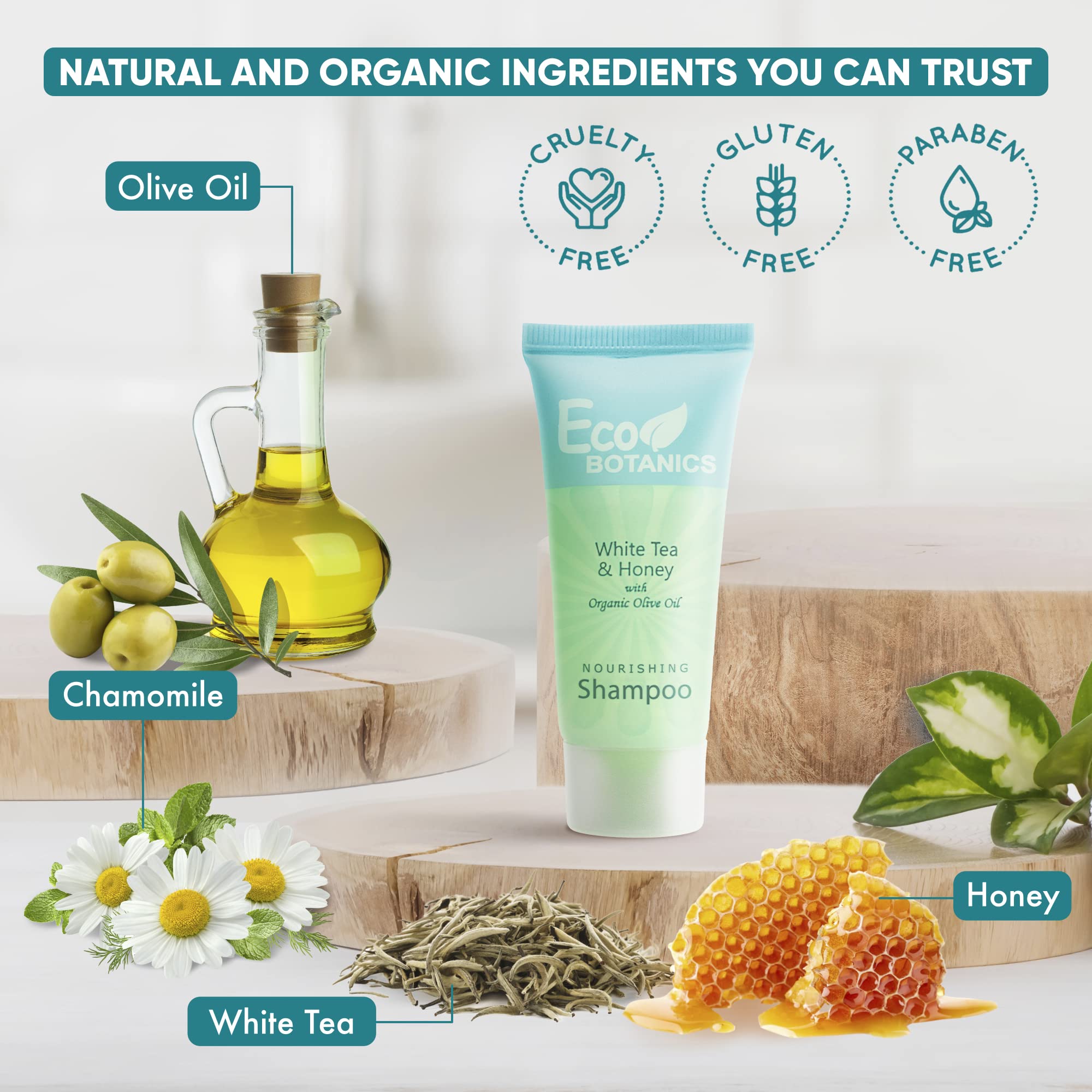 Eco Botanics Travel-Size Hotel Shampoo, Conditioner & Body Wash Set - .85 oz (Pack of 300) | Bulk Toiletries for Hotels, Gyms, Spas & Travel Essentials