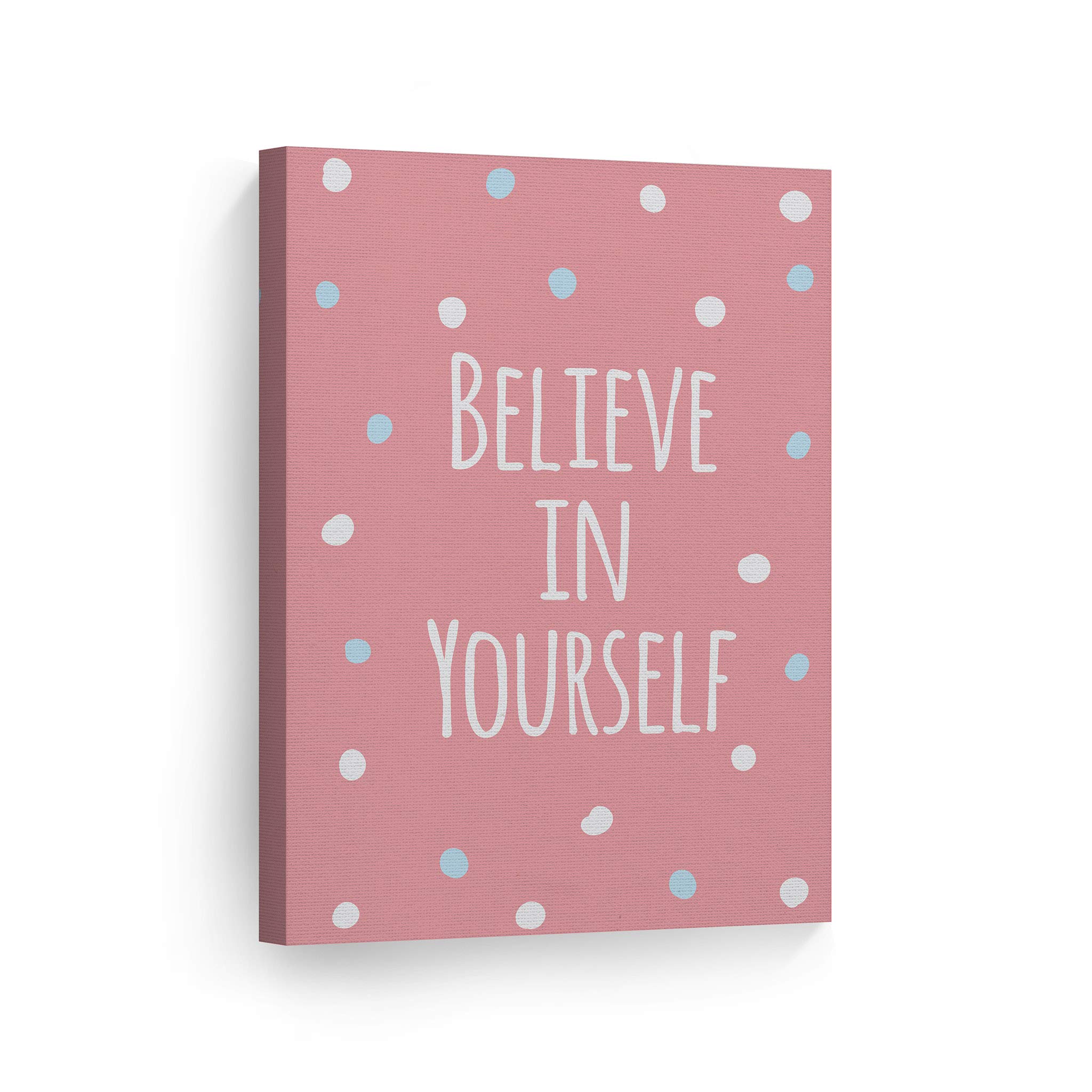 Believe in Yourself Inspirational Wall Art - Pink Lettering Canvas Print for Kids Room, Nursery & Baby Room Decor - Ready to Hang 17x11 - Made in USA | Motivational Gift for Children, Teens & Home Decor