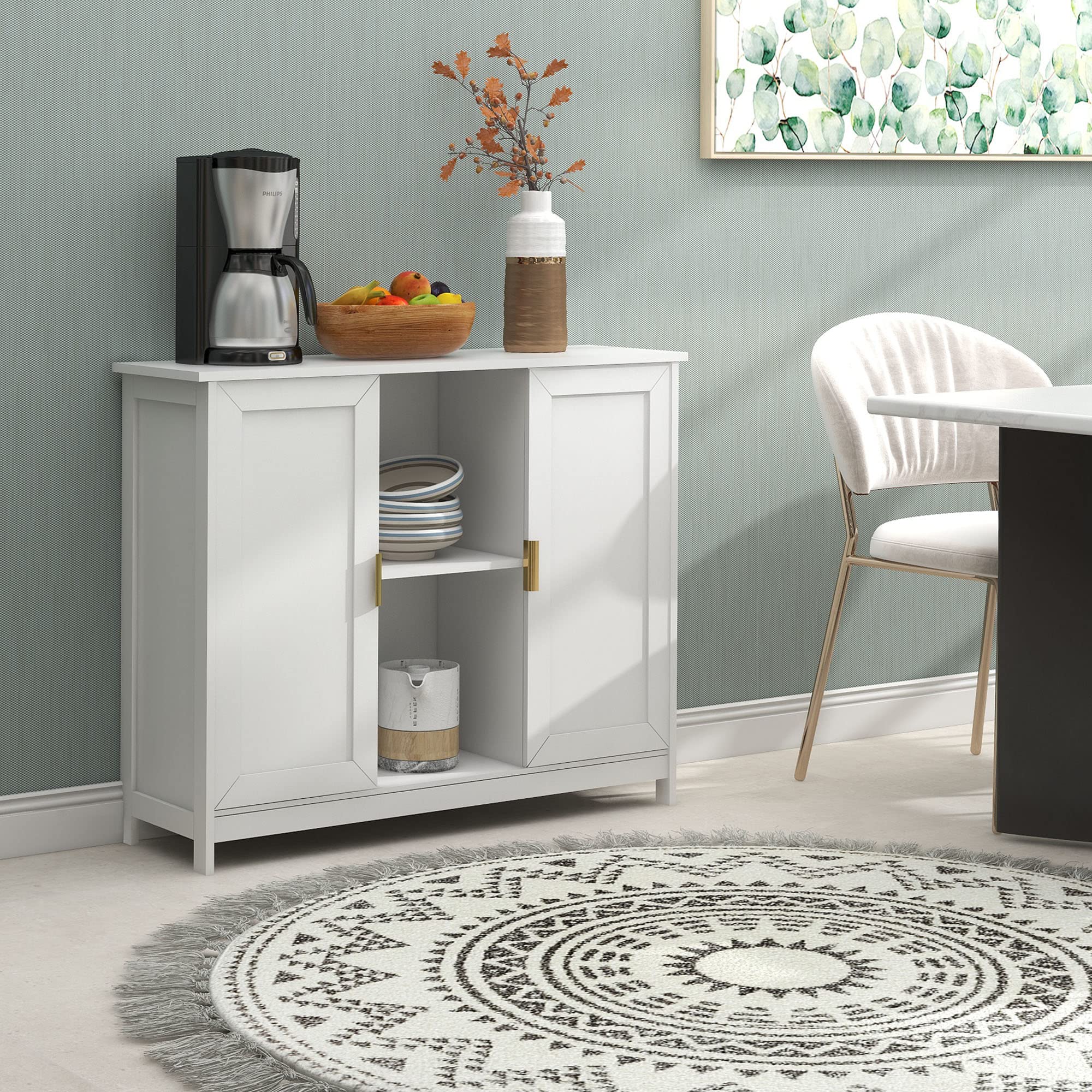 White Storage Cabinet - Wooden Buffet Sideboard with Coffee Bar, Narrow Space Entryway & Hallway Organizer for Kitchen, Living Room & Dining Room | Modern Thin Credenza Cabinet for Small Spaces