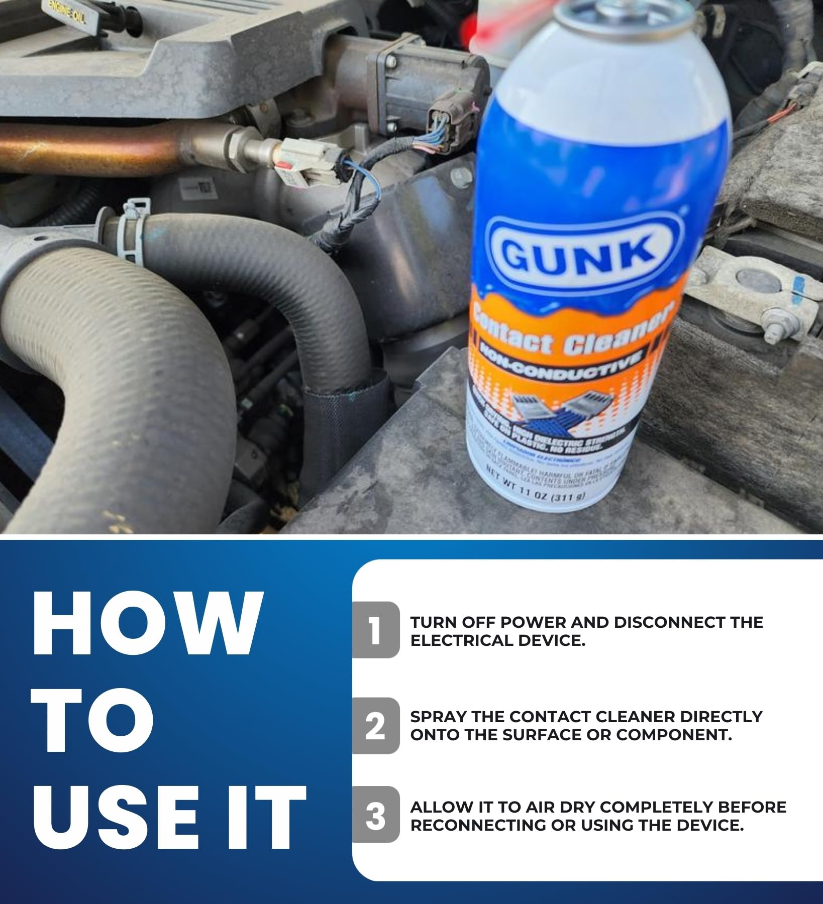 Gunk Contact Cleaner Spray 11 oz with Microfiber Cloth - Fast Drying Electrical Contact Cleaner for Metal, Tools & Brakes - No Residue High Pressure Degreaser (2-Pack) - Perfect for Automotive Repairs, Electronics Maintenance & Industrial Equipment Cleaning