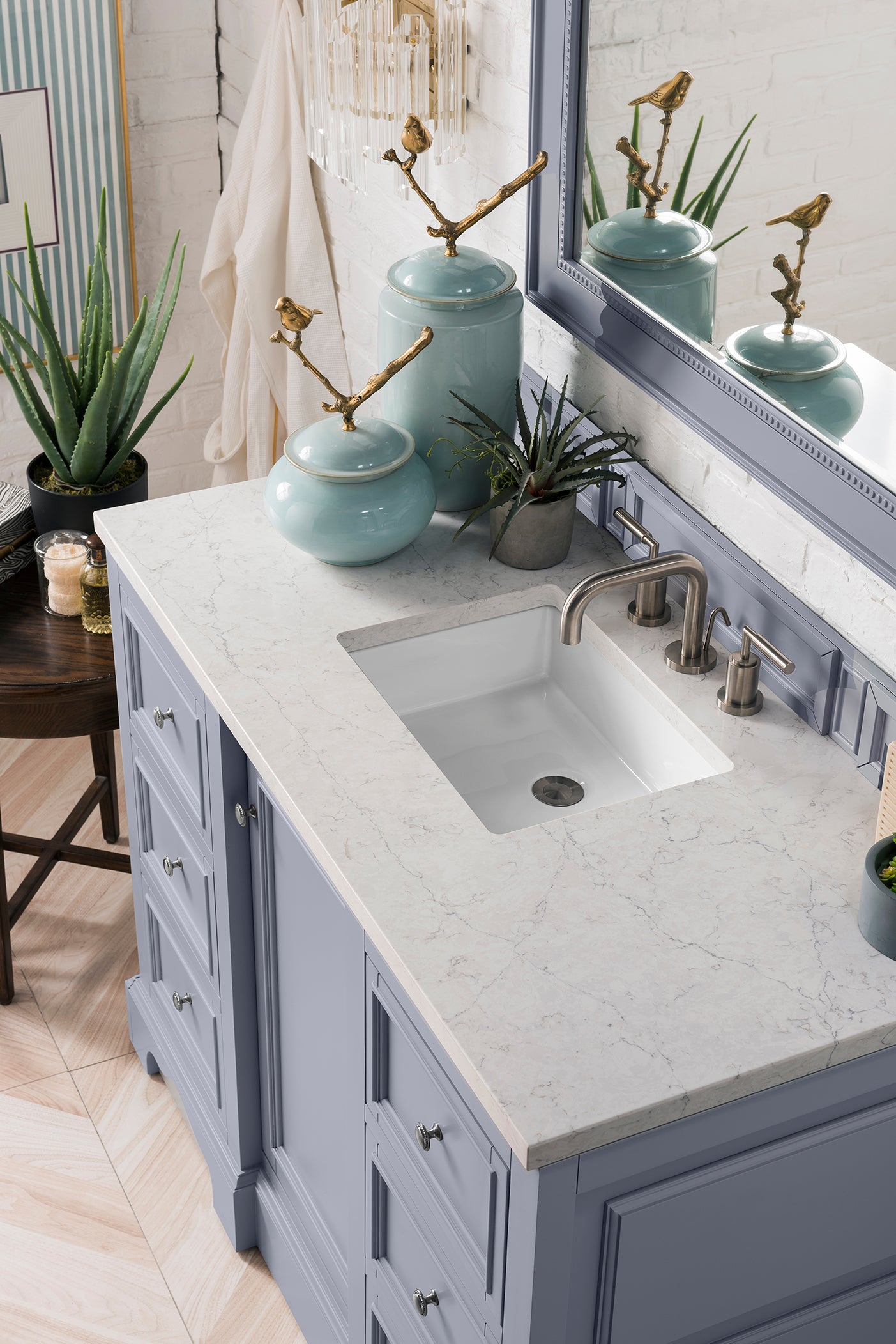 De Soto 48 Inch Single Bathroom Vanity with 3CM Eternal Jasmine Pearl Quartz Top in Silver Gray - Perfect for Modern Home & Apartment Bathroom Renovation