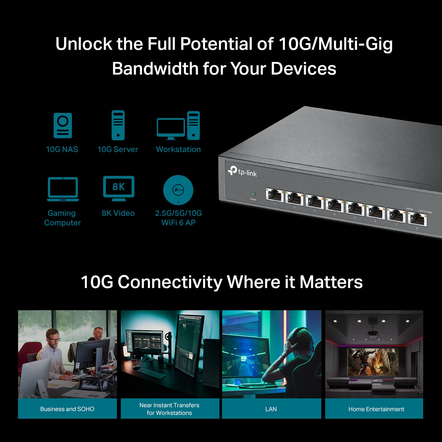 TP-Link TL-SX1008 8-Port 10G/Multi-Gigabit Unmanaged Ethernet Switch - Desktop/Rackmount, Plug & Play, Metal Housing, Auto-Negotiation | Ideal for Home Office, Gaming & Small Business Networks