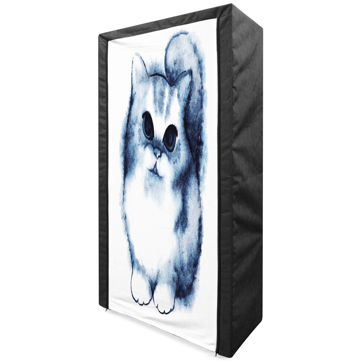 Ambesonne Navy Blue Portable Fabric Wardrobe with Fluffy Cat Design - 33.5 Inch Clothing Organizer & Storage Closet with Shelves - Perfect for Bedroom, Dorm, or Small Space Organization