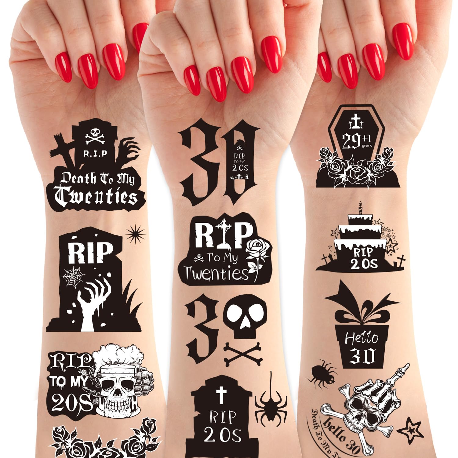 240+ Death to My 20s Temporary Tattoos & Stickers - Funeral Themed 30th Birthday Party Decorations for Women & Men - Perfect for Black Birthday Decor, RIP to My 20s Party Favors & Celebration Supplies