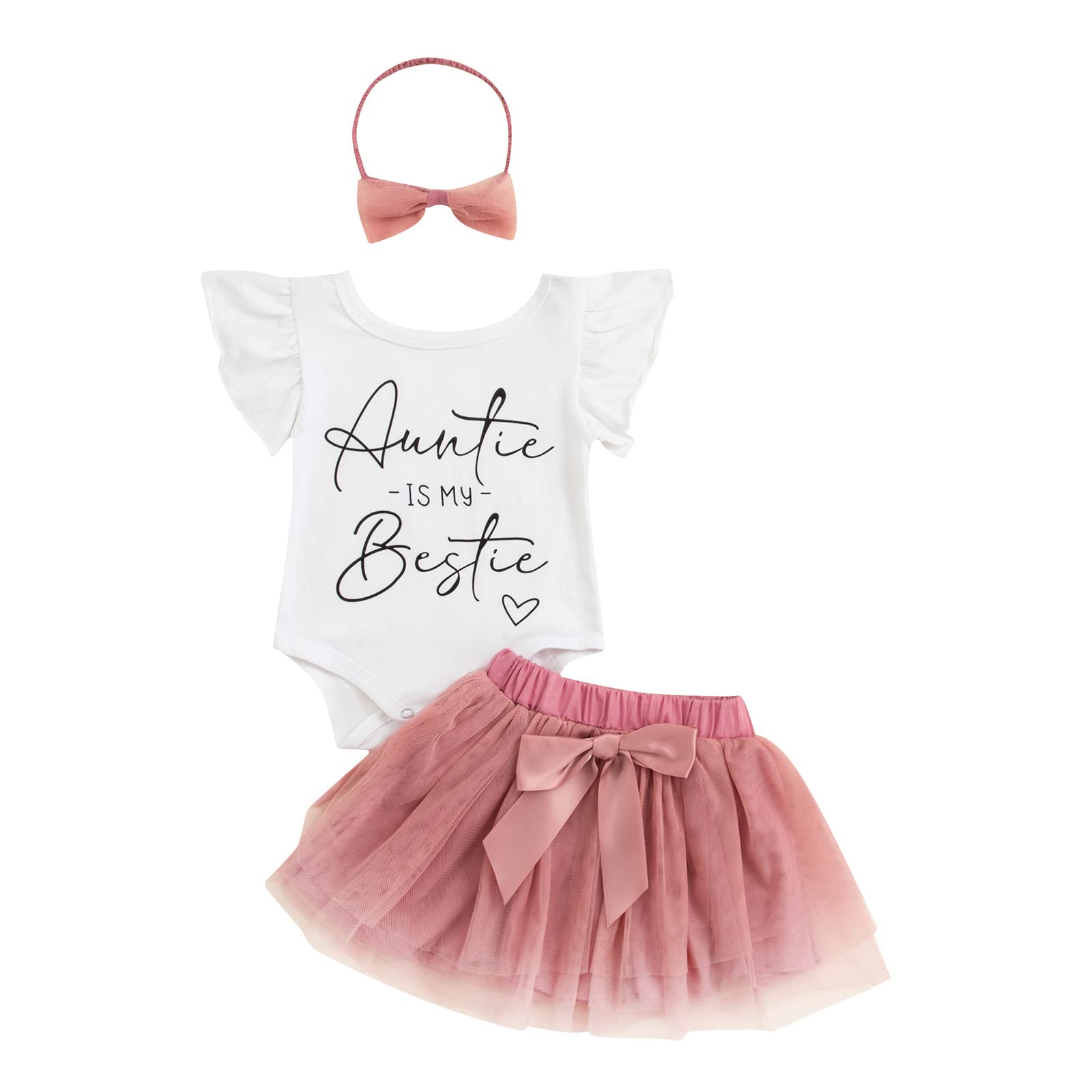 Baby Girls Summer Outfit Set - Letter Print Ruffled Short Sleeve Romper with Mesh Skirt & Headband | Cute Toddler Clothes for Beach, Party & Playtime