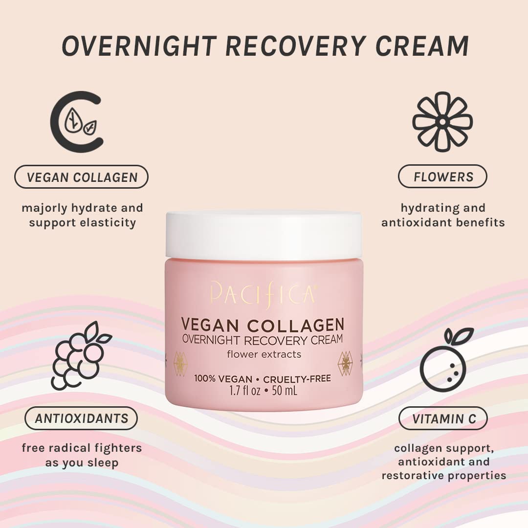 Pacifica Vegan Collagen Overnight Face & Eye Cream Set of 2 – Night Cream + Anti-Aging Lotion with Hyaluronic Acid & Caffeine | Hydrating & Firming Moisturizer for Dry Skin | Perfect for Nighttime Skincare Routine & Undereye Treatment