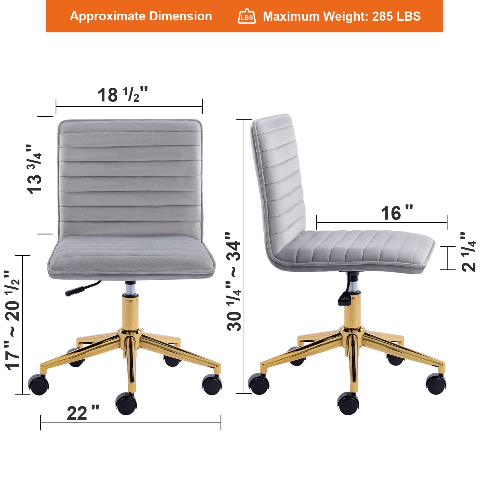 Furnimart Modern Armless Office Desk Chair - Adjustable Swivel Mid-Back Upholstered Chair for Home Office, Dorm Room & Vanity | Soft Velvet Seat (Grey) | Perfect for Teen Girls, Small Spaces & Workstations