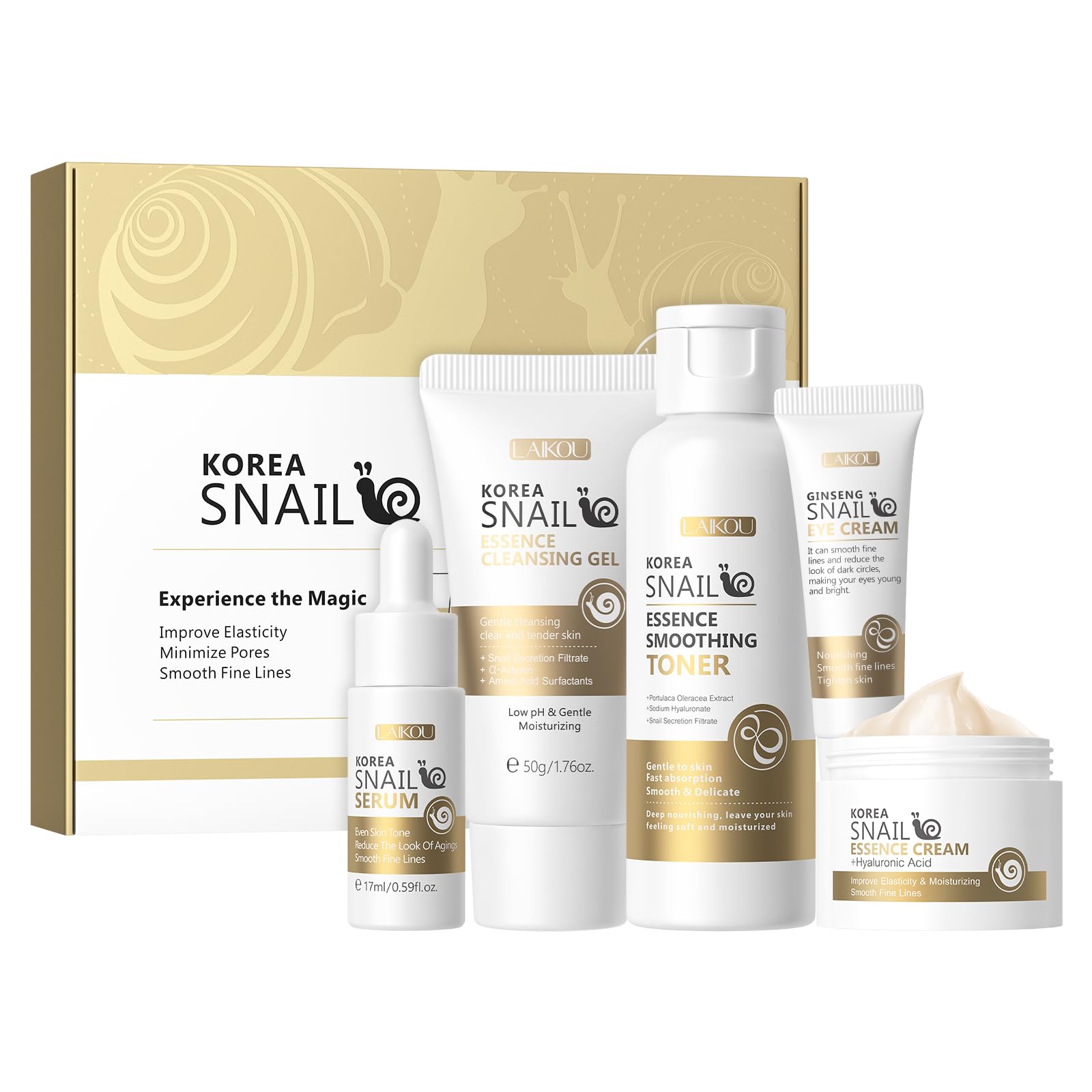 **Korean Snail & Ginseng Skincare Set - 5pcs (Cleansing Gel, Toner, Eye Cream, Serum, Essence Cream) for Women, Teens, Moms - Perfect for Mother's Day, Birthday & Daily Hydration Routine**