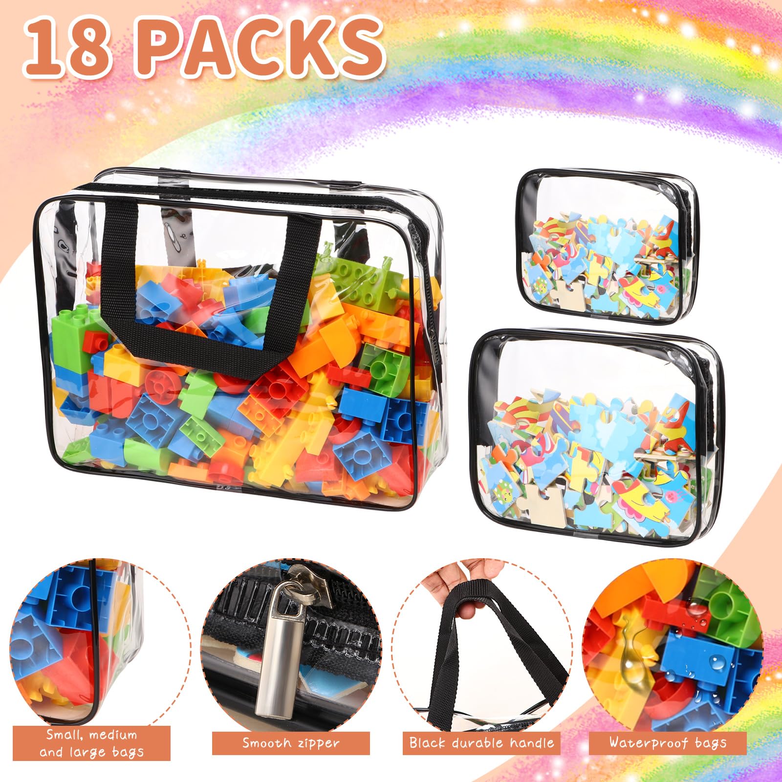 18 Pack Large Clear PVC Toy Storage Bags with Zipper & Labels - Waterproof Travel Organizer for Kids Toys, Building Blocks, Puzzles & Books (Black) - Perfect for Home Organization, Playroom Storage & Travel