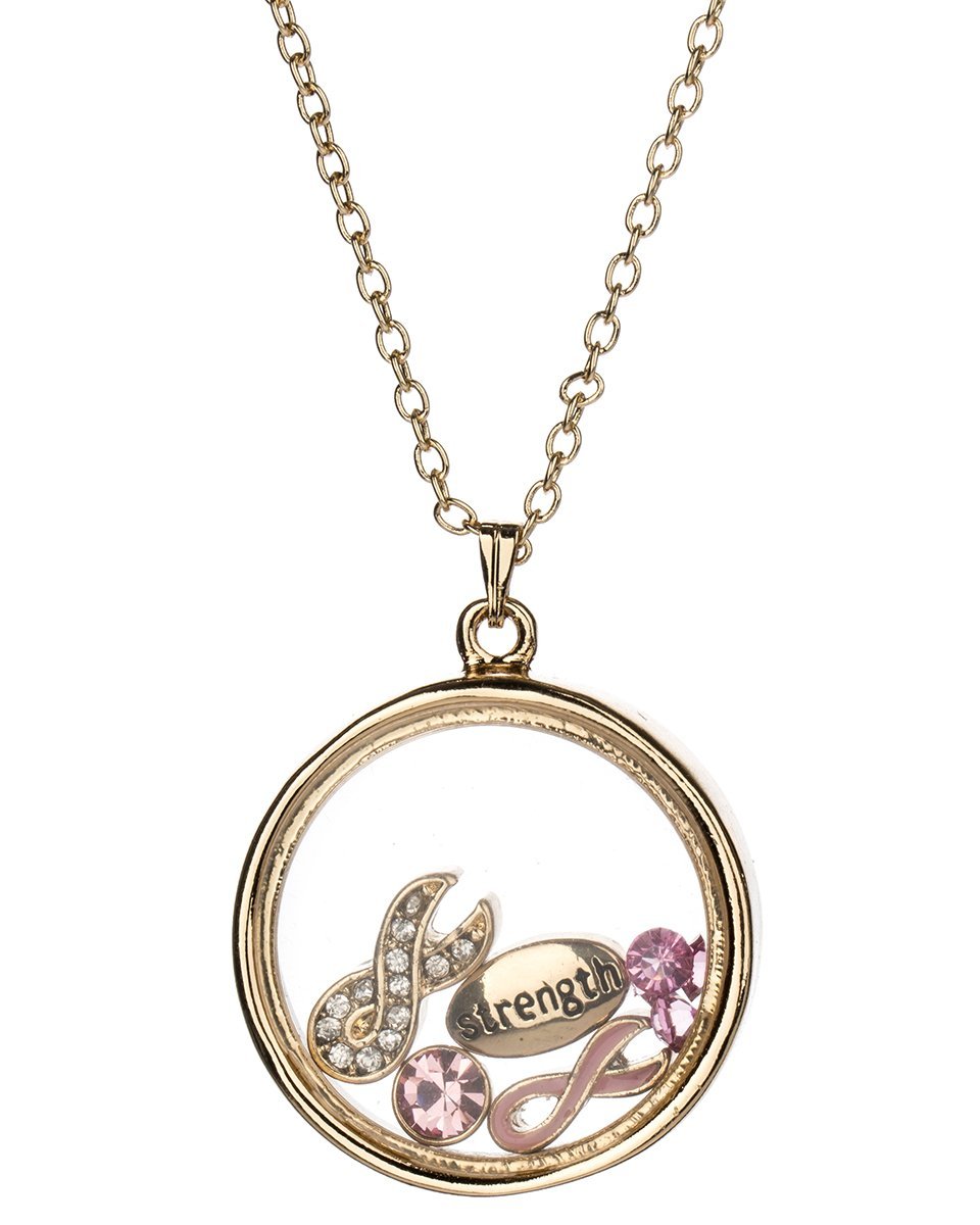 Pink Ribbon Strength Floating Charm Locket Necklace - Breast Cancer Awareness Jewelry Gift for Women, Mothers, Survivors - Perfect for Support Events, Fundraisers & Everyday Wear