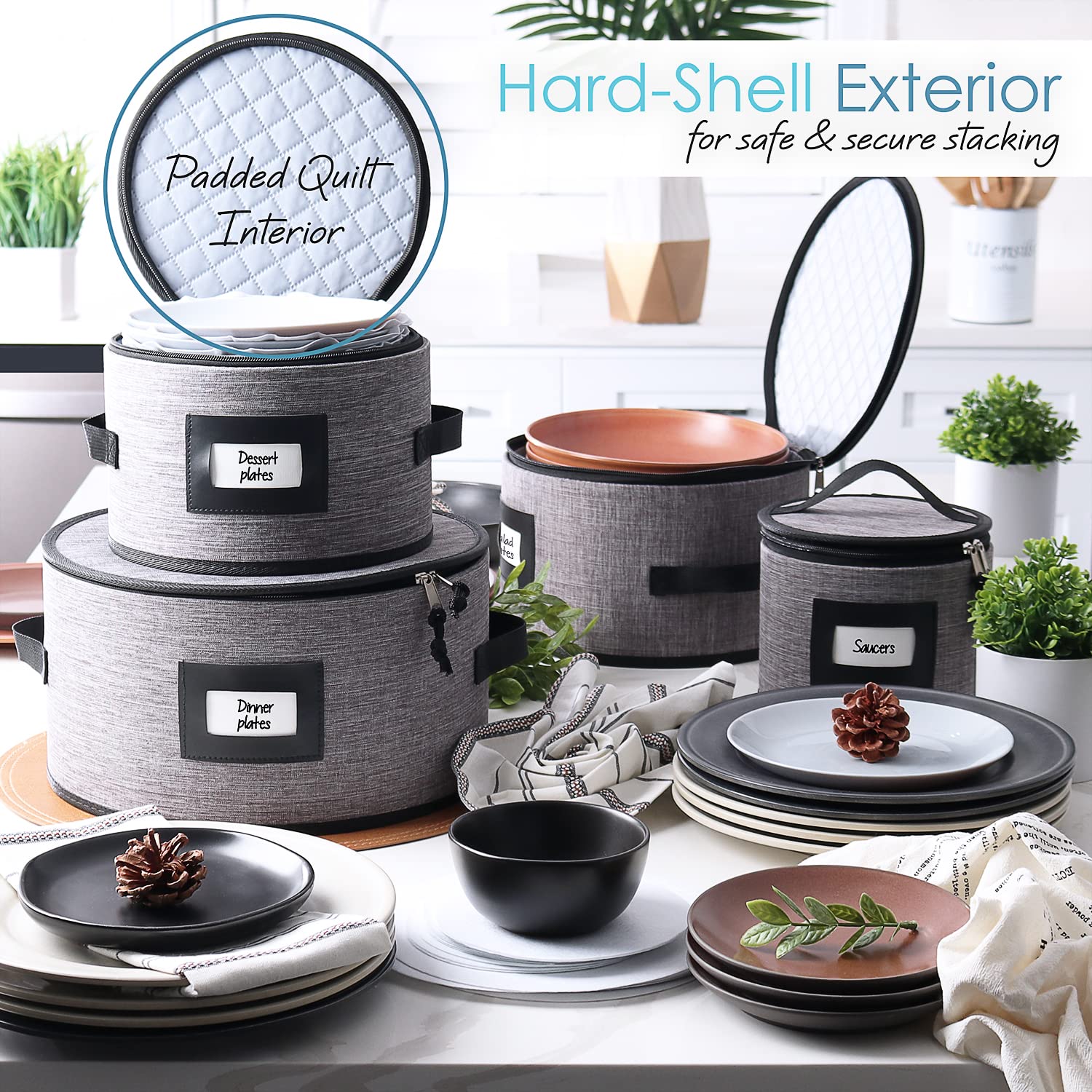 Premium 6-Piece Fine China Storage Set - Hard Shell Stackable Dish Organizers with Dividers for Plates, Coffee Mugs & Wine Glasses | Perfect for Kitchen Cabinet Organization and China Protection During Moving