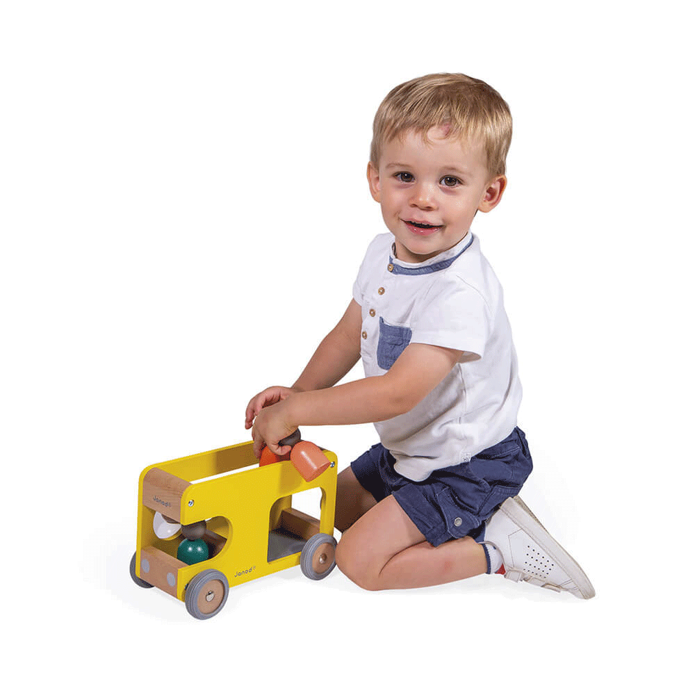 Janod Bolid School Bus Toy - Wooden Educational Toy for Kids, Perfect for Pretend Play & Early Learning | Great for Preschool, Daycare & Home Playtime