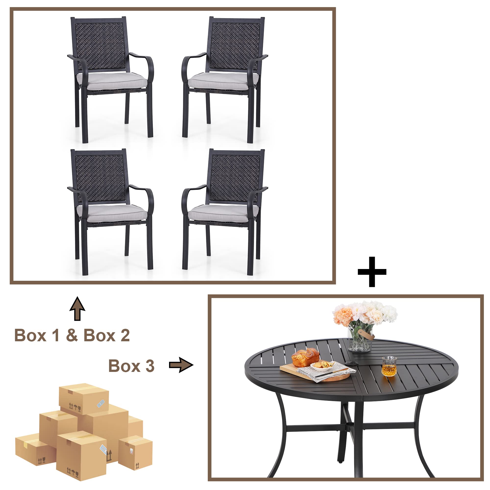 5-Piece Patio Dining Set with 4 PE Rattan Chairs & Round Table - Outdoor Furniture for Balcony, Backyard, Garden - Includes Cushions & 1.57