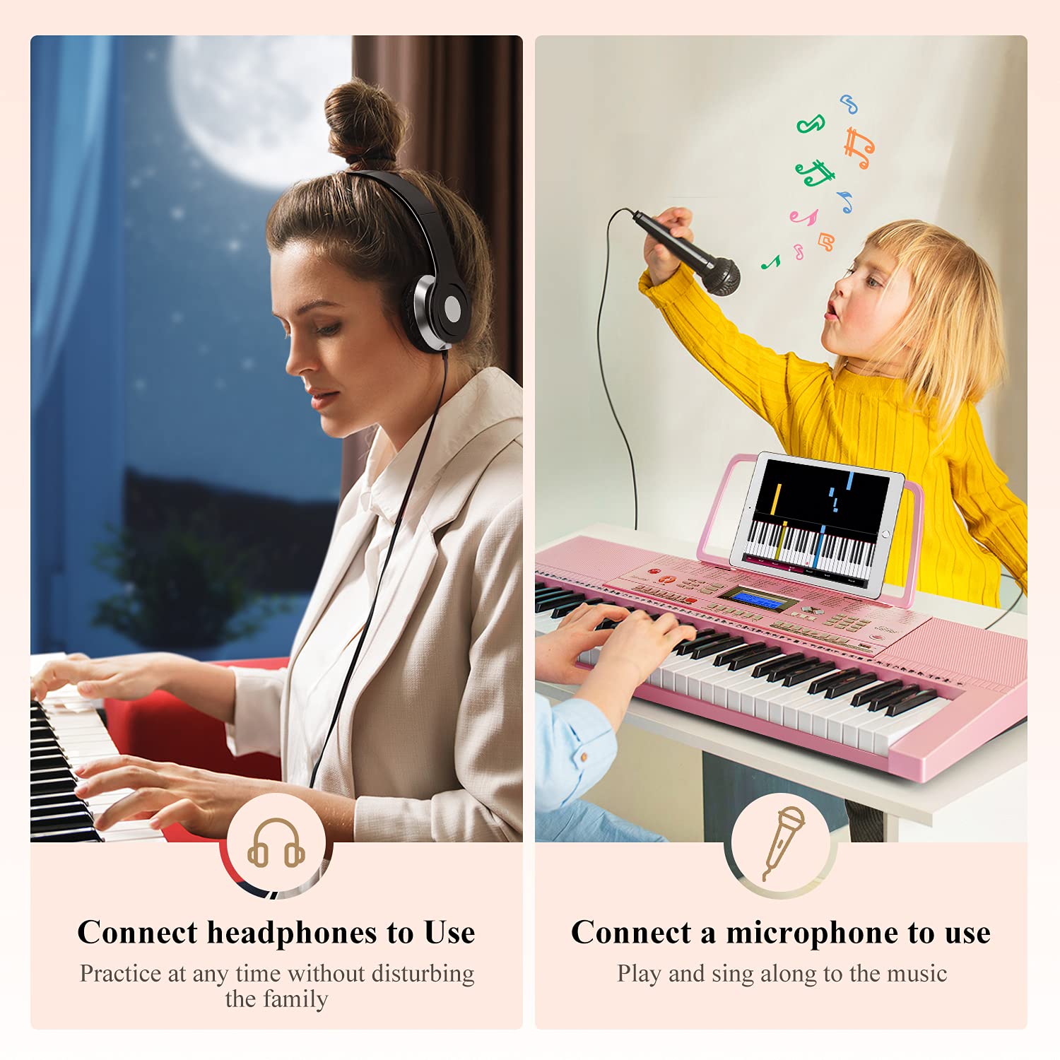 Eastar 61-Key Electric Piano Keyboard for Beginners - Digital Piano with Stand, Bench, Headphones & Microphone - Perfect for Home Practice, Music Lessons & Gift Giving (Pink)