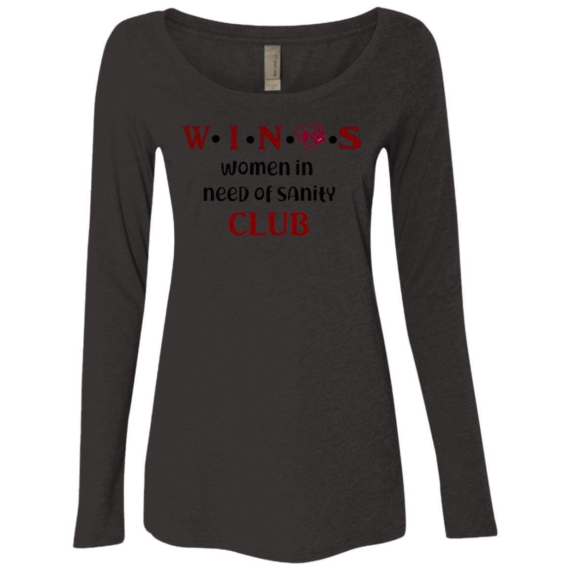 WineyBitches.Co WINOS Club Women's Tri-Blend Long Sleeve Scoop Neck T-Shirt with Burgundy Lettering - Perfect for Wine Tasting, Girls' Night Out & Casual Wear
