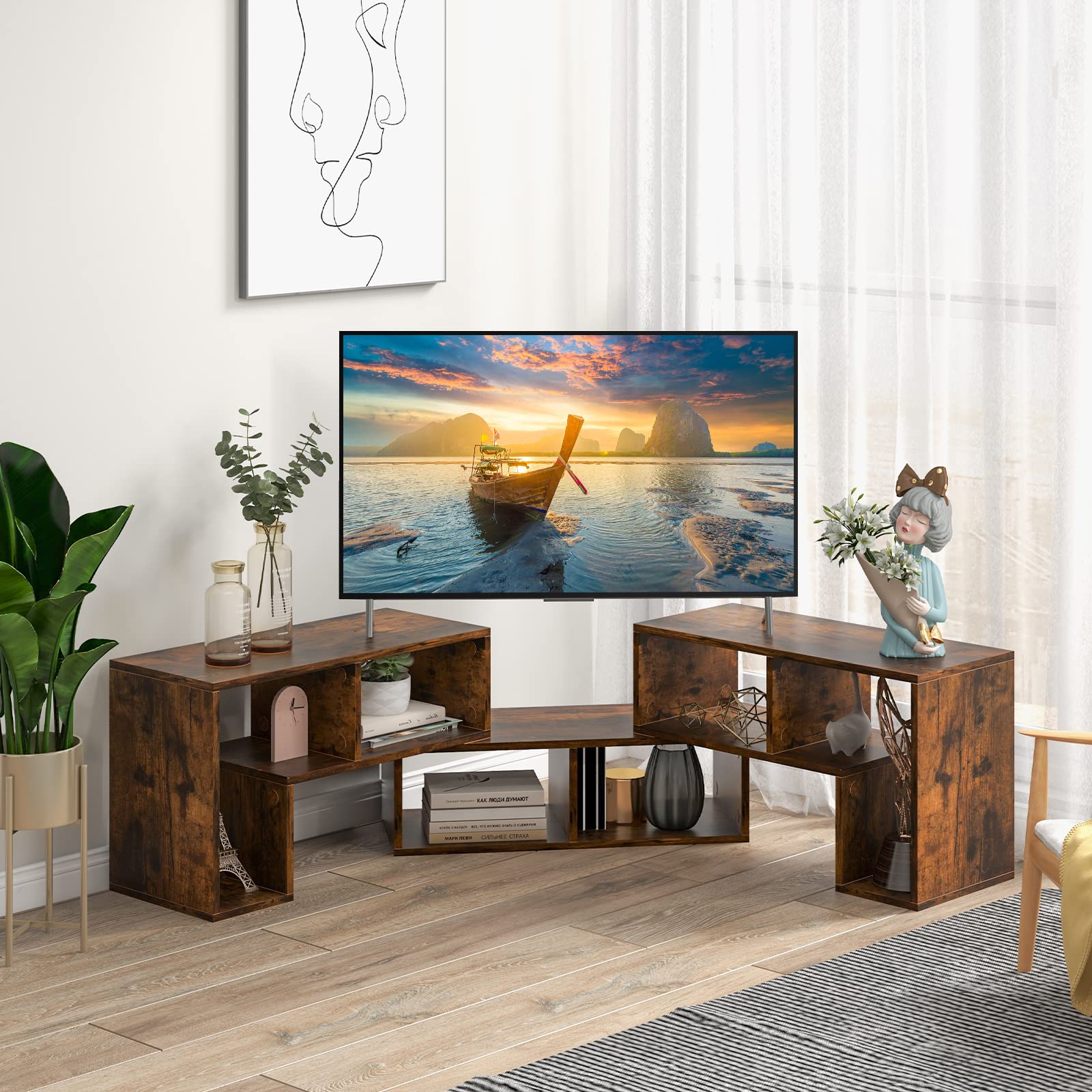 Tangkula 3-Piece Modular TV Stand for 50-65 Inch TVs - Modern Entertainment Center with Open Storage Shelves, DIY Combination Console for Living Room (Brown) | Perfect for Home Theater Setup & Living Room Organization