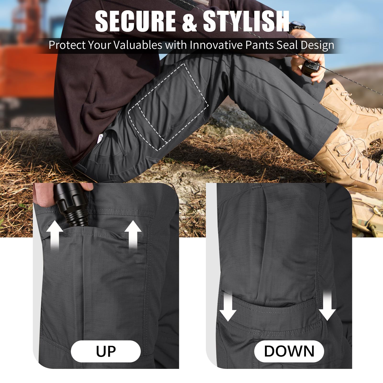 FREE SOLDIER Men's Tactical Cargo Pants - Water Resistant Ripstop Work Pants for Outdoor Hiking, Camping & Everyday Wear - Lightweight Durable Military Style Pants for Men