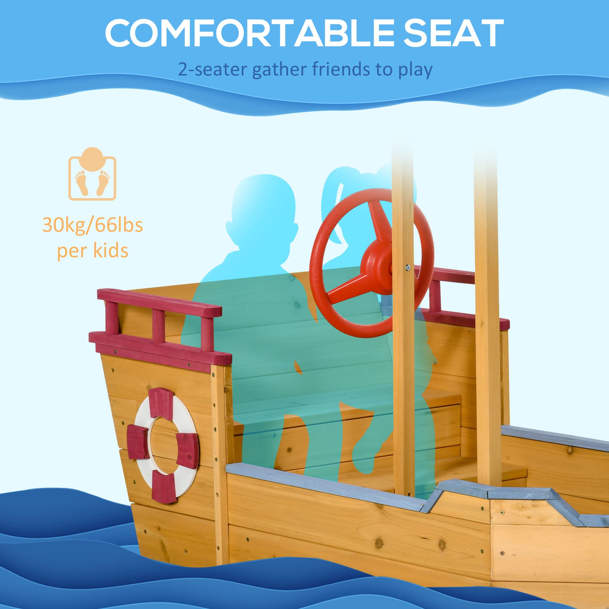 Outsunny Pirate Ship Sandbox with Cover & Rudder - Wooden Outdoor Sandbox with Storage Bench & Seat - Kids Sand Play Toy for Ages 3-8 - Perfect for Backyard, Garden & Playground Fun