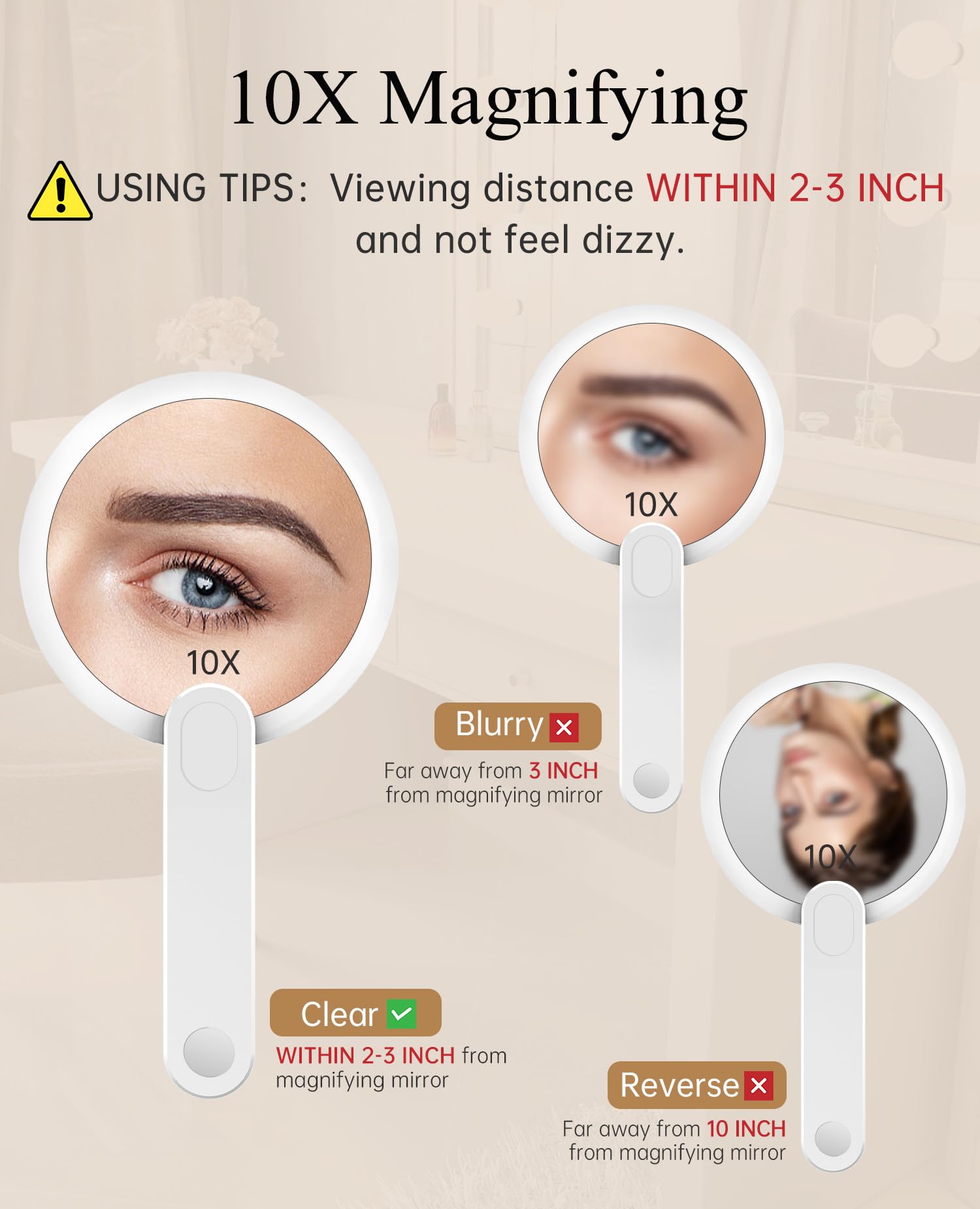 FASCINATE 10X Magnifying Mirror with Lights - Portable Travel Makeup Mirror for Purse & Home Use
