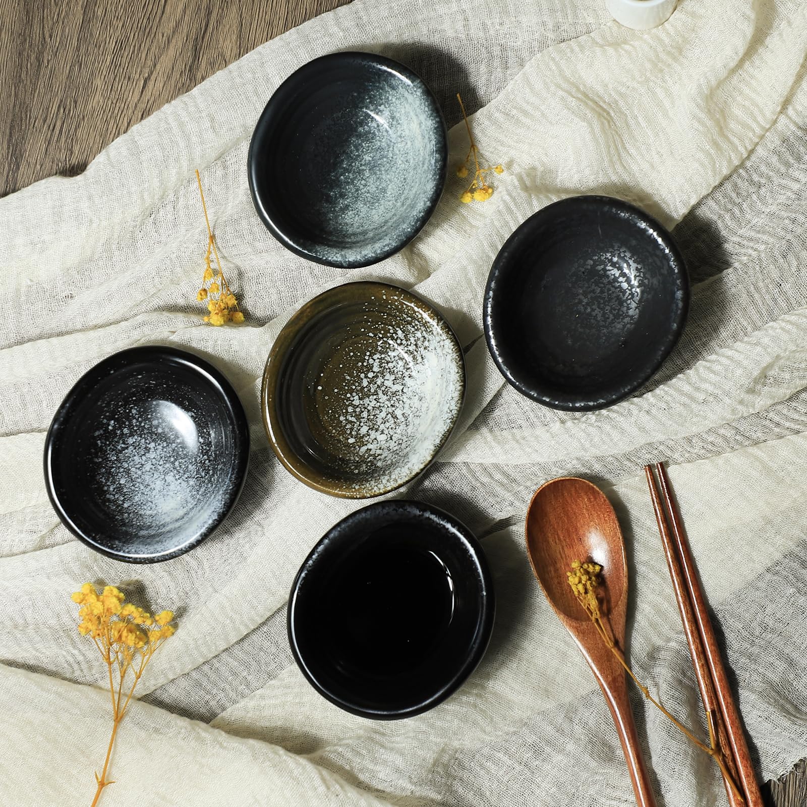 Vintage Japanese Ceramic Side Dishes Set of 5 - 3.5 Inch Retro Black Dipping Bowls for Soy Sauce, Seasonings & Condiments - Perfect for Sushi, Ramen, Dumplings & Asian Dining Experience