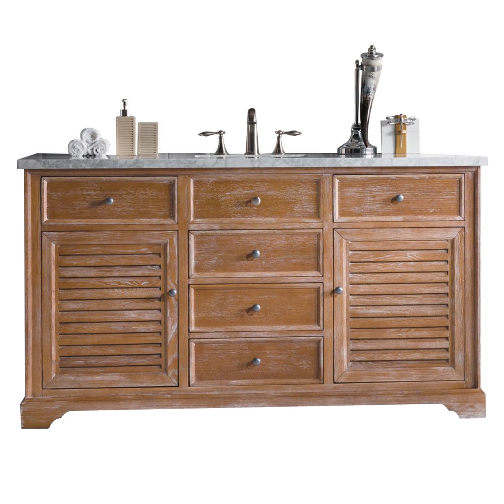 Savannah 60 Inch Driftwood Bathroom Vanity with 3CM Carrara Marble Countertop - Modern Single Sink Vanity for Master Bathroom & Powder Room Remodel