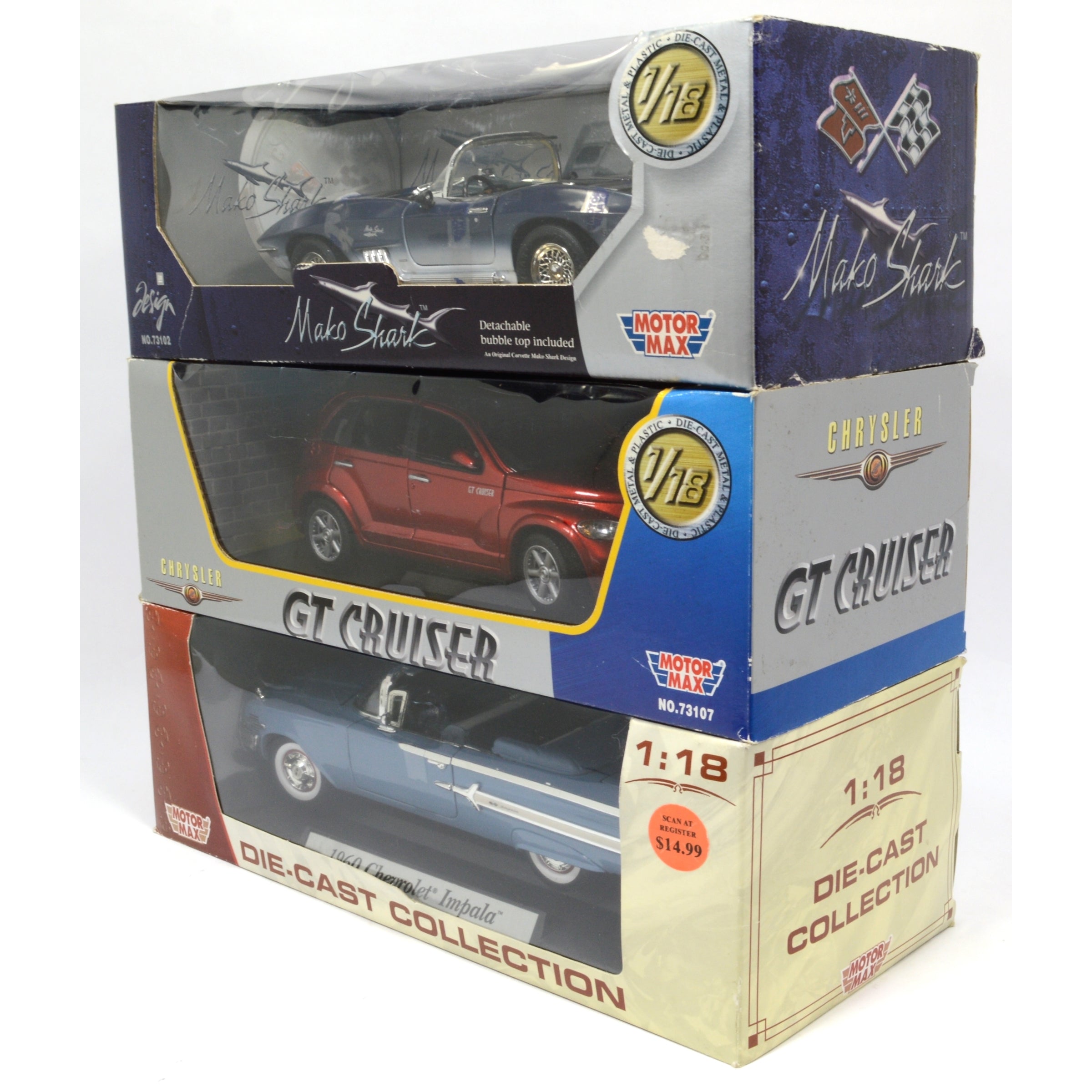 3-Pack MOTOR MAX Diecast Cars 1:18 Scale - '61 Mako Shark & '60 Impala GT Cruiser - Collectible Model Cars for Display & Racing Enthusiasts