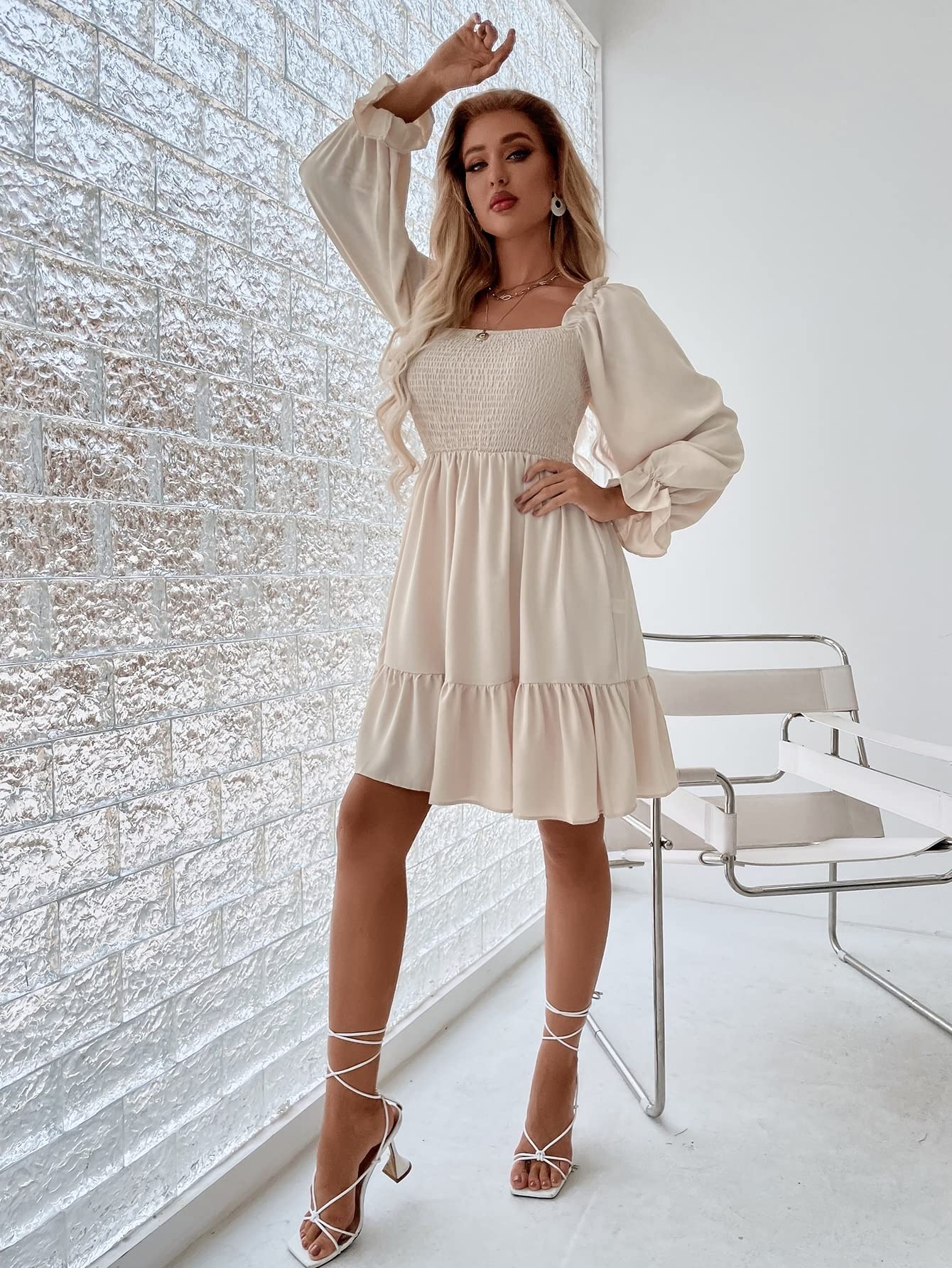 2022 Women's Summer Short Dress - Shirred Bodice, Flounce Sleeve & Ruffle Hem Cute Mini Dress for Party, Beach, Date Night and Casual Outings