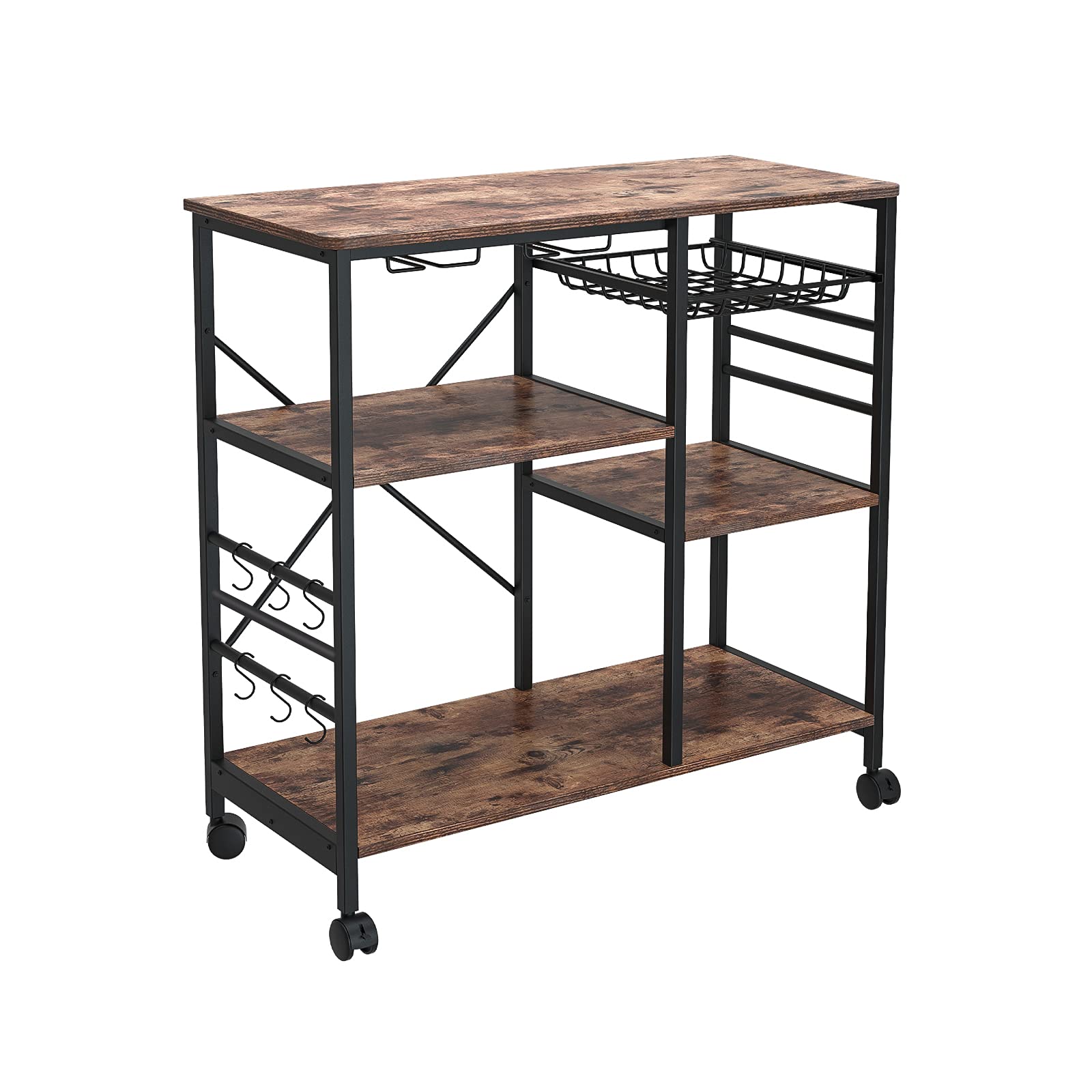 Versatile Rolling Microwave Stand with Storage Shelf - 6 Hooks & 4 Locking Wheels - Kitchen Organizer Cart for Small Spaces | Perfect for Apartments, Dorms, Home Office & Bathroom Storage (Brown)
