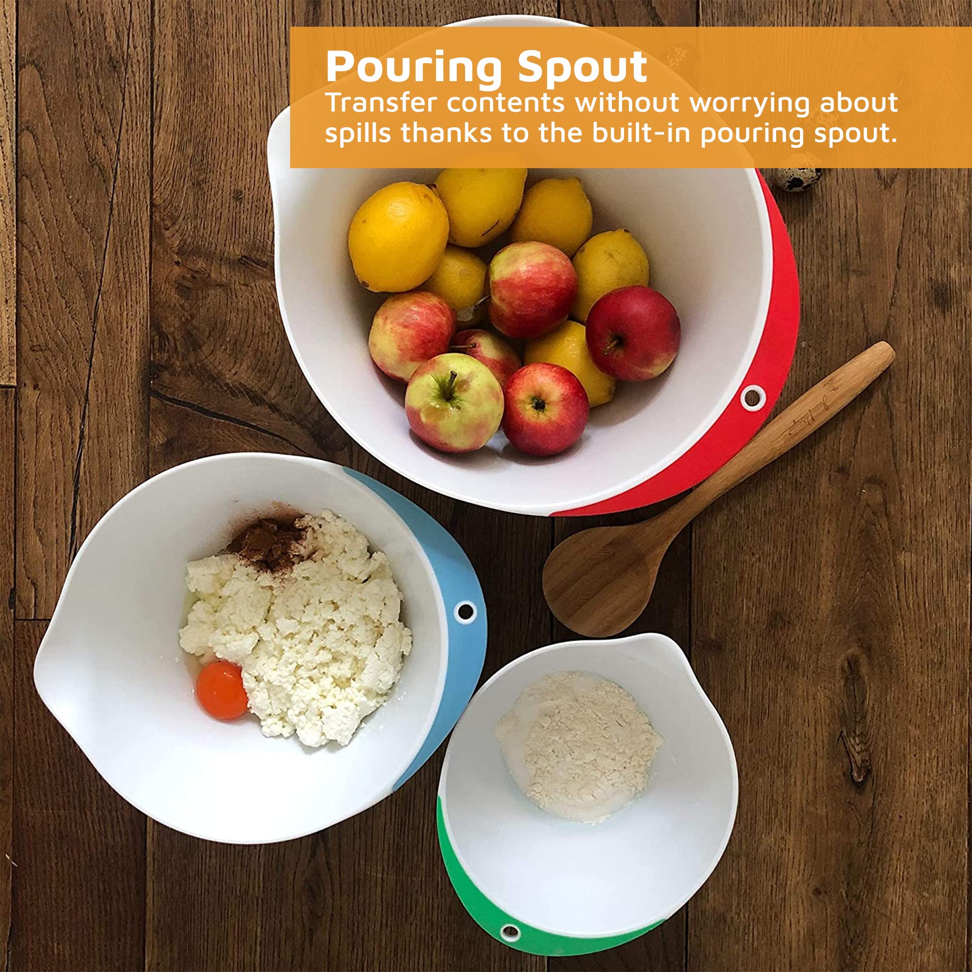 Jean-Patrique 3-Piece Plastic Mixing Bowls Set with Pour Spout & Non-Slip Base - Durable Kitchen Mixing Bowls for Baking, Cooking, Food Prep & Meal Prepping - Perfect for Mixing Dough, Whisking Eggs & Serving Salads