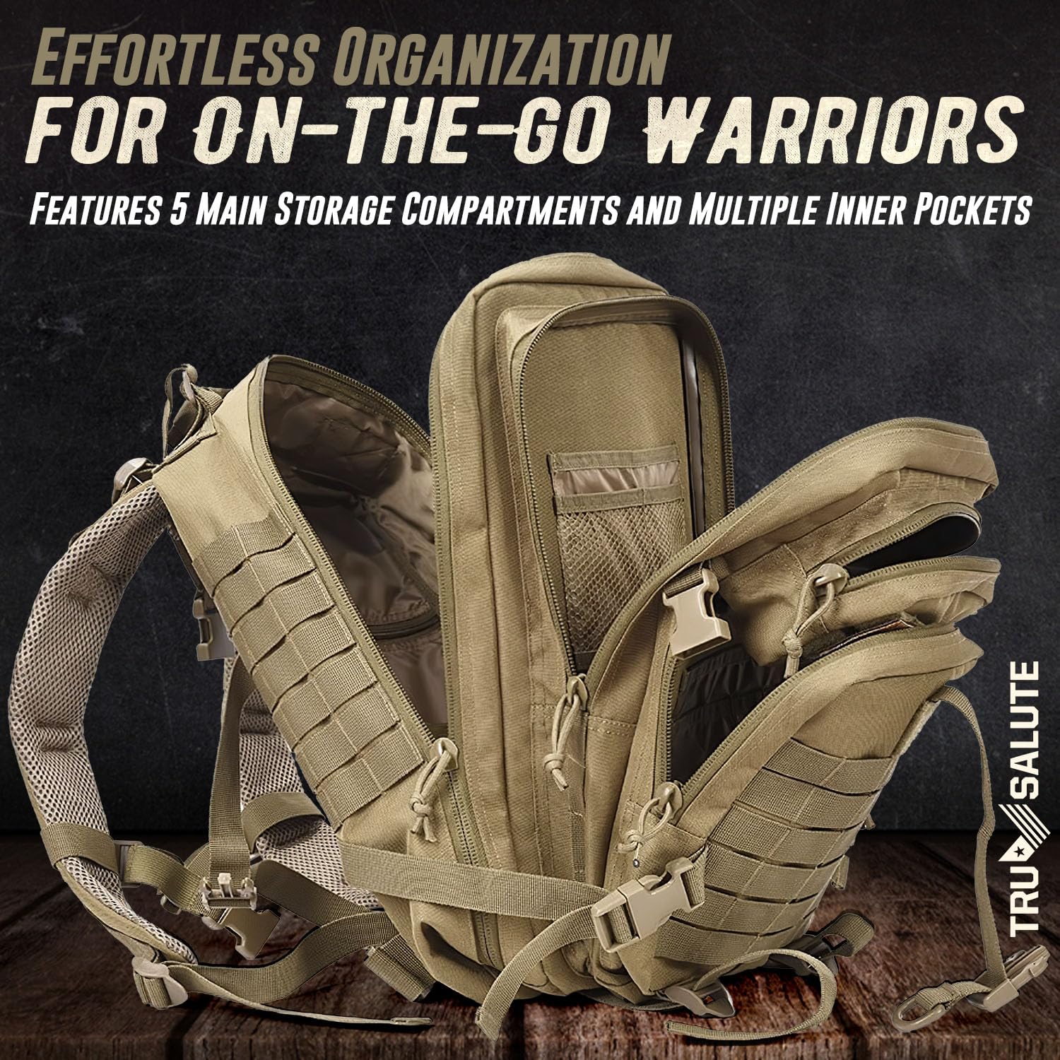 Tru Salute 45L Military Tactical Backpack - Large Army 3-Day Assault Pack with MOLLE System - Bug Out Bag & Rucksack (Tan) - Perfect for Camping, Hiking, and Outdoor Adventures