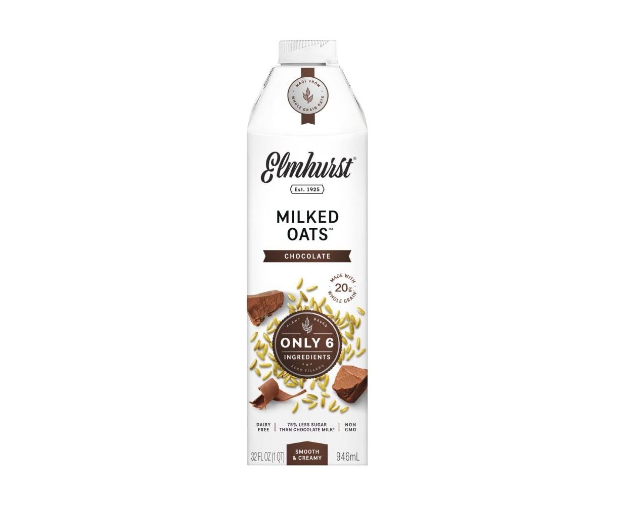 ELMHURST Chocolate Milked Oats, 32 Fl Oz - Dairy-Free Oat Milk Drink for Coffee, Smoothies & Breakfast | Vegan, Gluten-Free, Non-GMO Plant-Based Beverage