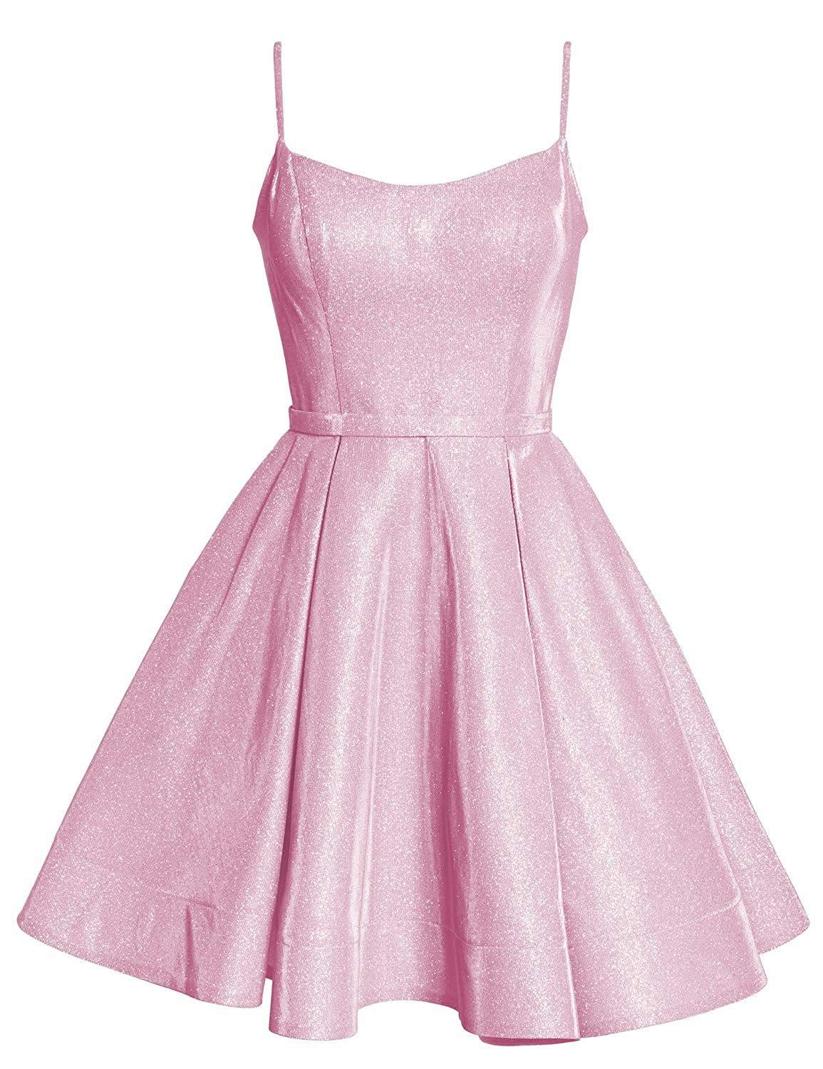 Elinadress Women's Glittery Satin Spaghetti Strap Homecoming Dress with Pockets - Short Prom Party Dress for Dances, Weddings & Special Occasions