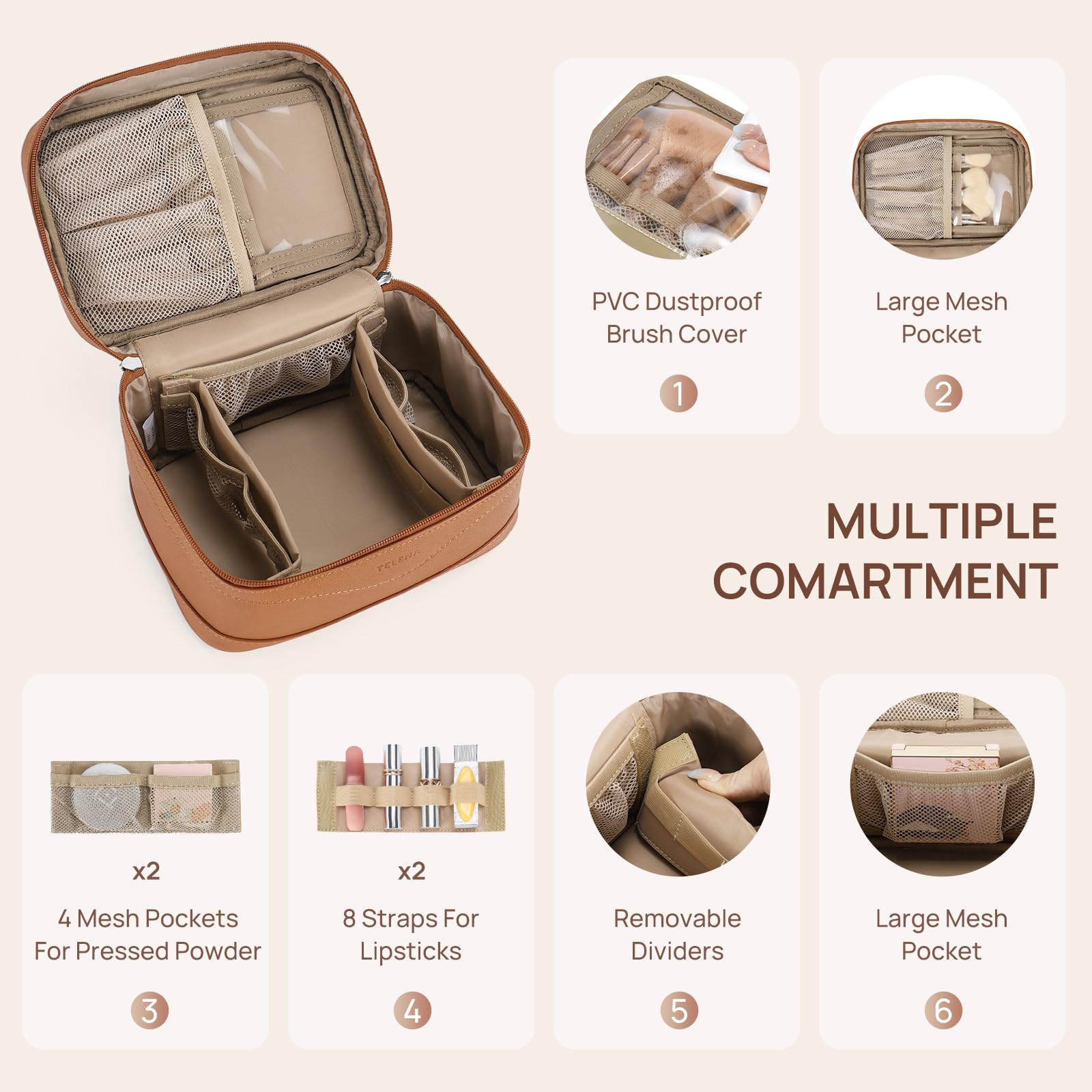 Telena Vegan Leather Makeup Bag - Travel Toiletry Organizer for Women | Perfect for Travel Essentials & Daily Use