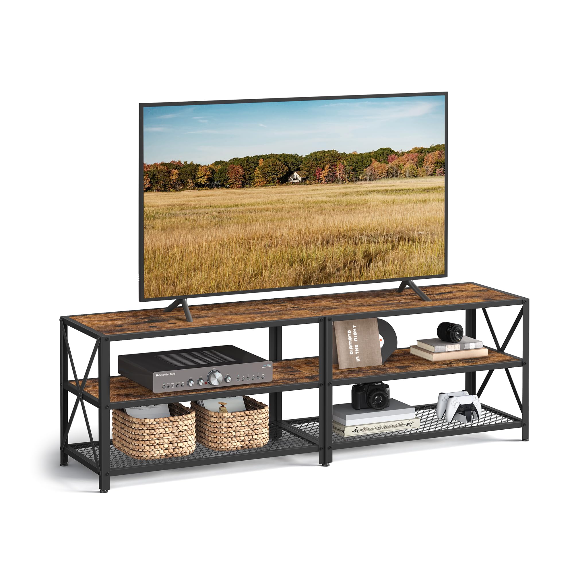 VASAGLE 70 Inch TV Stand with 3-Tier Shelves, Industrial Style TV Console Table with Steel Frame, Rustic Brown & Black Entertainment Center for Living Room - Perfect for Home Theater Setup & Media Storage
