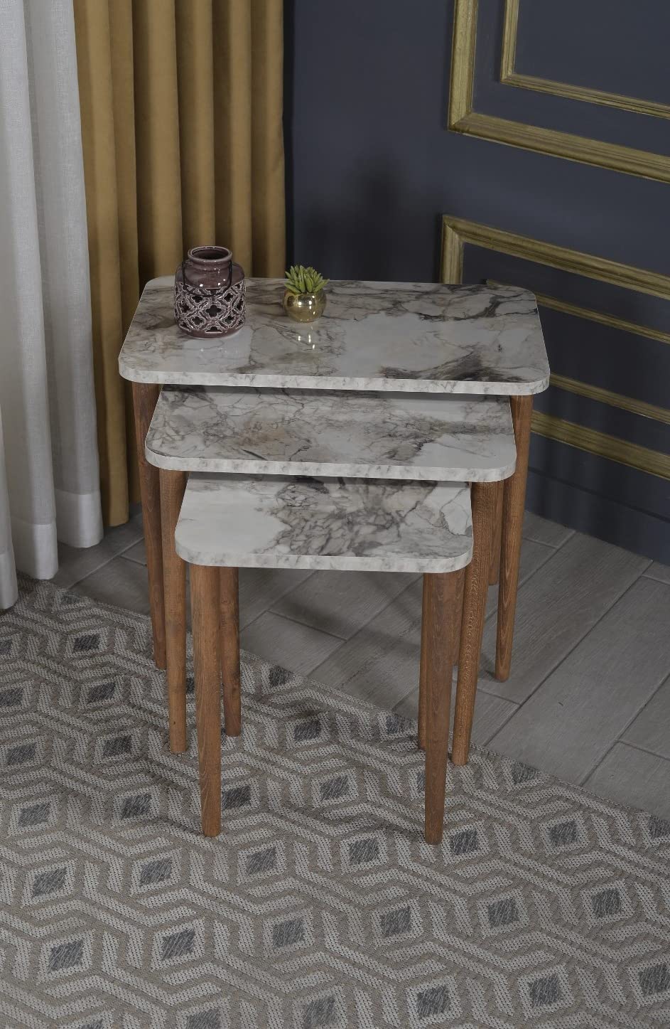 Set of 3 White Marble Triangle Nesting End Tables - Modern Round Wood Stacking Coffee Side Accent Table with Sturdy Metal Legs for Living Room, Bedroom, Home Office | Perfect for Small Spaces, Apartment Decor & Coffee Table Styling