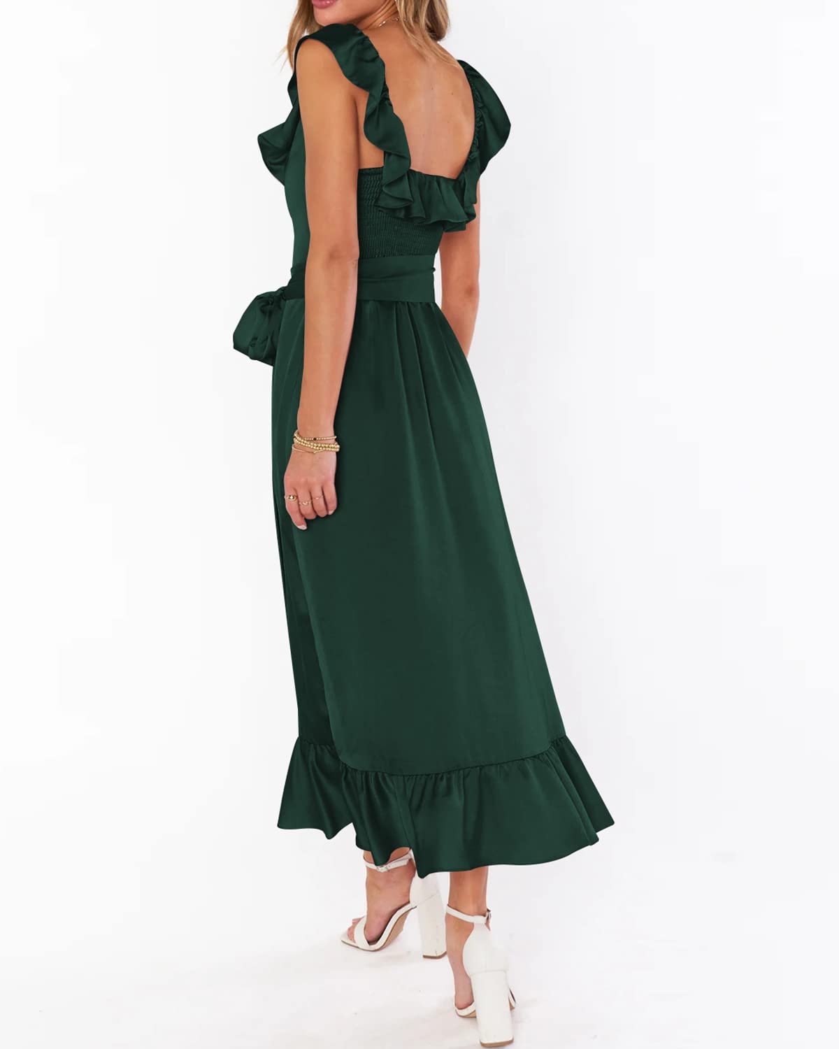 Houstil Women's Summer Wrap Maxi Dress - Ruffle Satin Sleeveless Tie Waist Flowy Beach Wedding Guest Bridesmaid Dress for Vacation, Party & Special Occasions