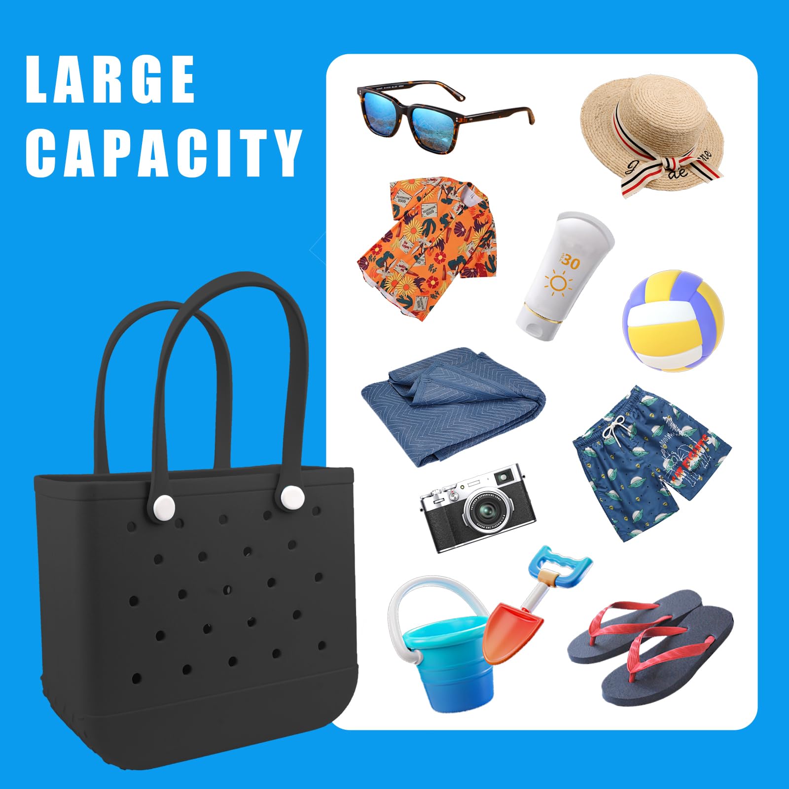 Waterproof Washable Rubber Beach Tote Bag with Zipper Pocket & Phone Pouch - Durable Open Purse for Pool, Boat, Beach & Summer Travel Accessories