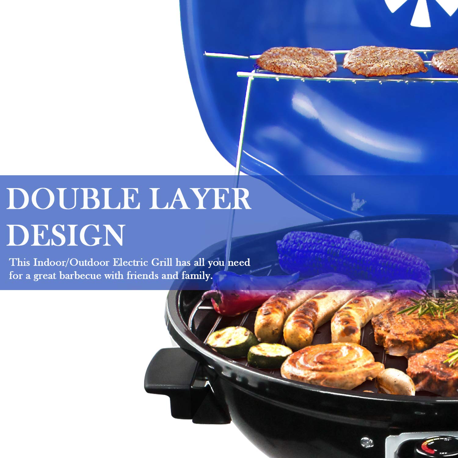 Techwood 1600W Electric Grill for Indoor & Outdoor Use - Portable BBQ Grill with Removable Stand - Perfect for Backyard, Camping & Patio Cooking (Blue)